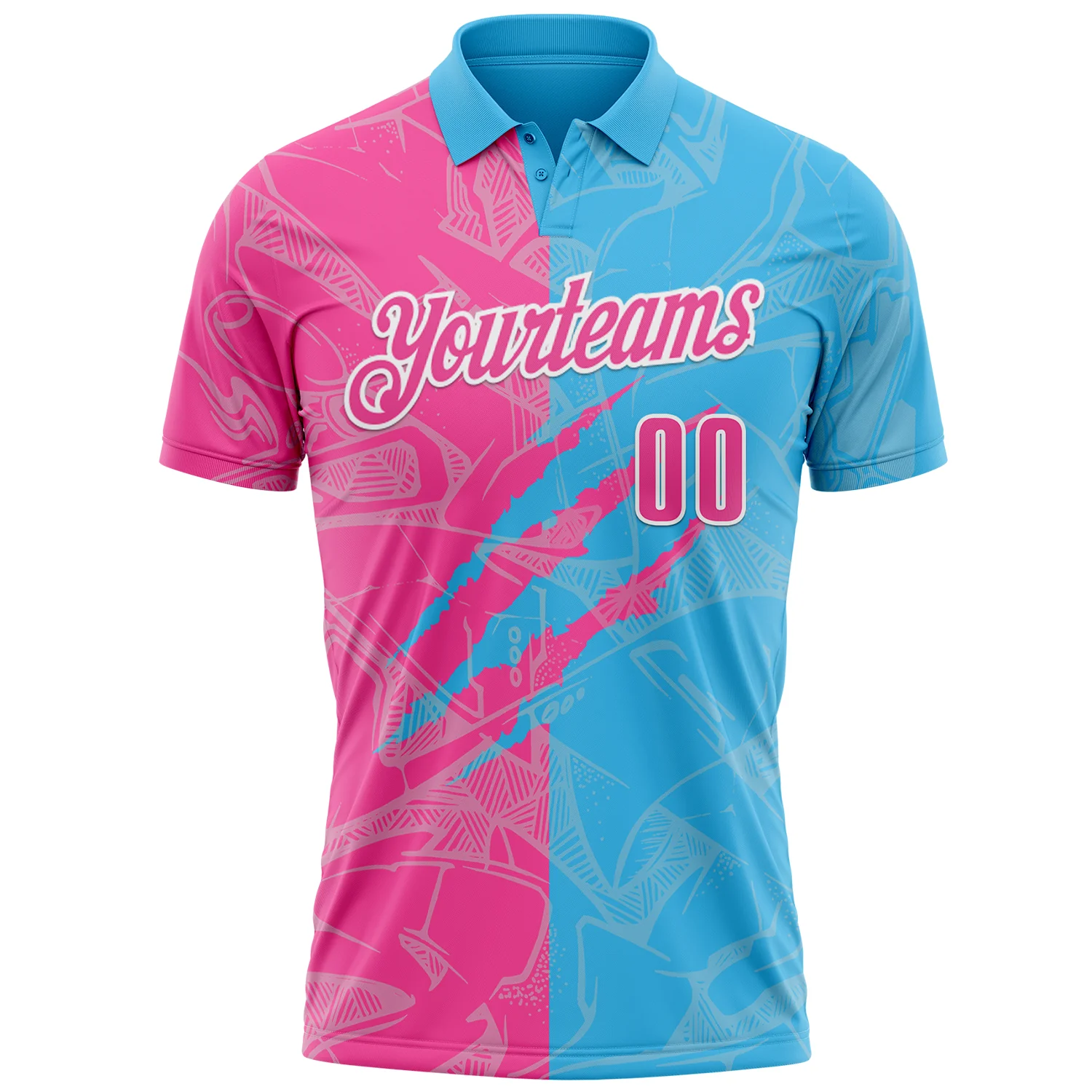 Custom Graffiti Pattern Pink Sky Blue-White 3D Scratch Performance Polo Shirt - Image 2