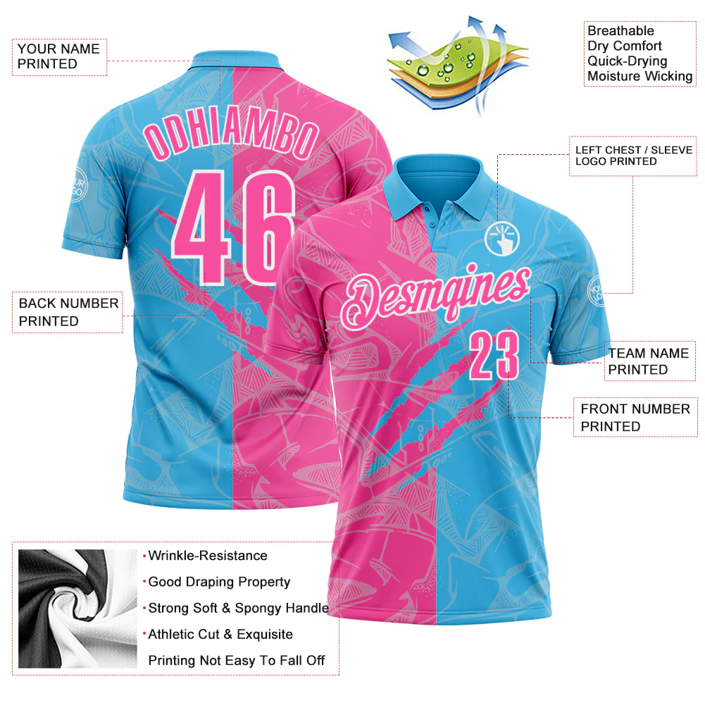 Custom Graffiti Pattern Pink Sky Blue-White 3D Scratch Performance Polo Shirt - Image 3