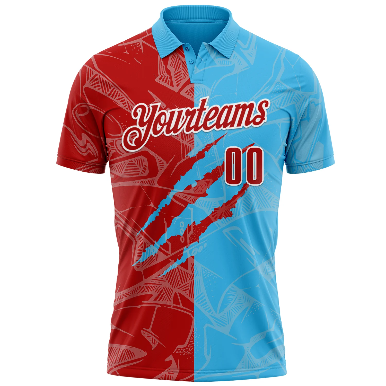 Custom Graffiti Pattern Red Sky Blue-White 3D Scratch Performance Polo Shirt - Image 2