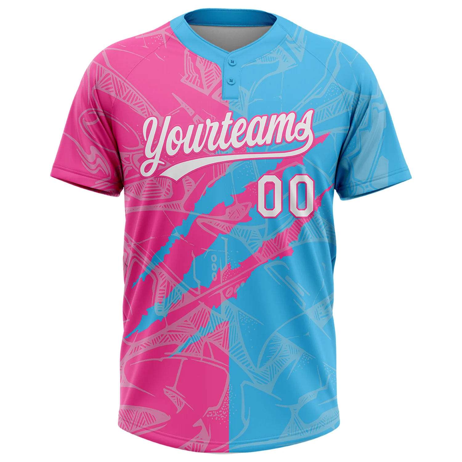 Custom Graffiti Pattern White Sky Blue-Pink 3D Scratch Two-Button Unisex Softball Jersey - Image 2