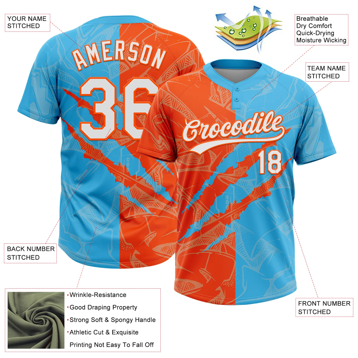 Custom Graffiti Pattern White Sky Blue-Orange 3D Scratch Two-Button Unisex Softball Jersey - Image 3