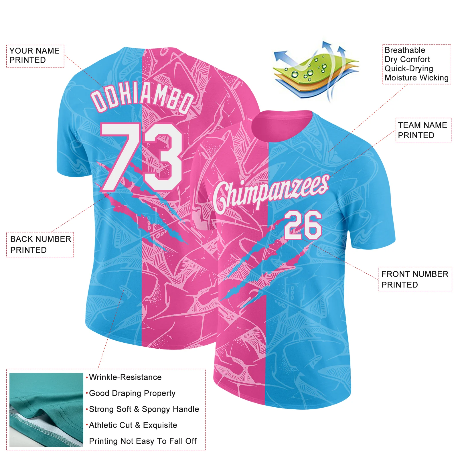 Custom Graffiti Pattern White Sky Blue-Pink Scratch 3D Performance T-Shirt - Image 2