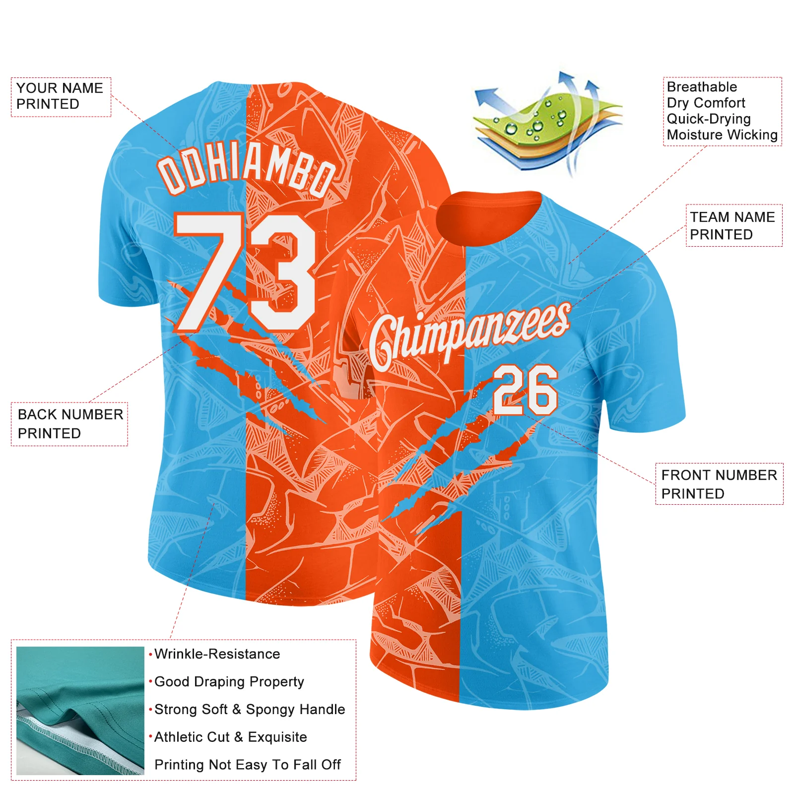 Custom Graffiti Pattern White Sky Blue-Orange Scratch 3D Performance T-Shirt - Image 2