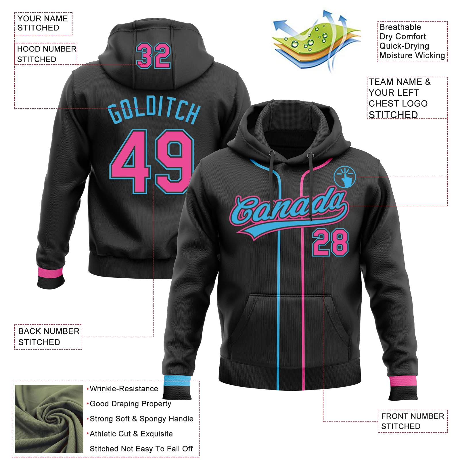 Custom Stitched Black Pink-Sky Blue Baseball Pullover Sweatshirt Hoodie - Image 2