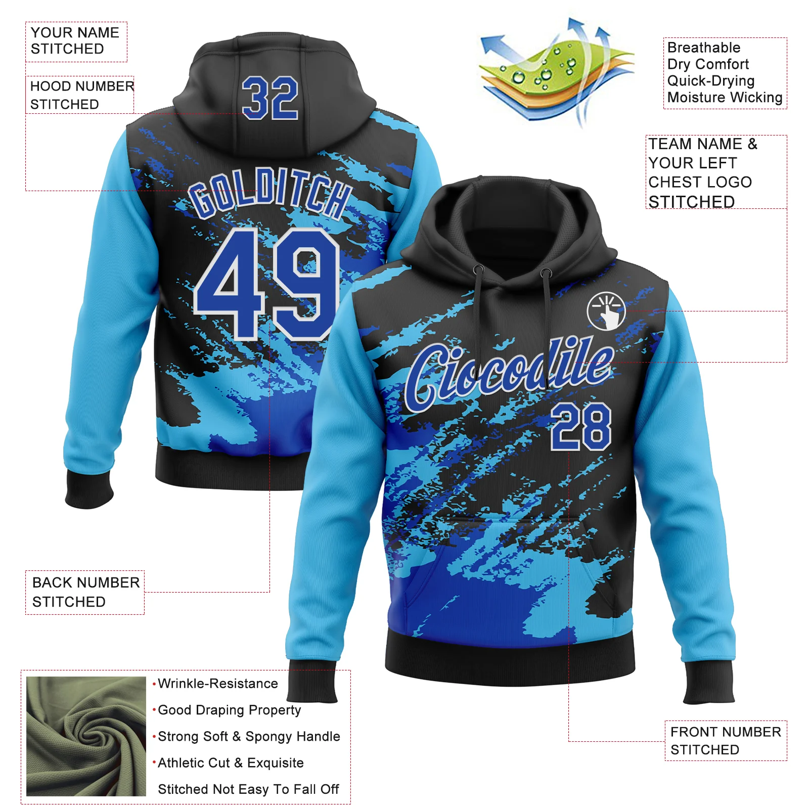 Custom Stitched Black Thunder Blue Sky Blue-White 3D Pattern Design Abstract Fragment Art Splash Sports Pullover Sweatshirt Hoodie - Image 2