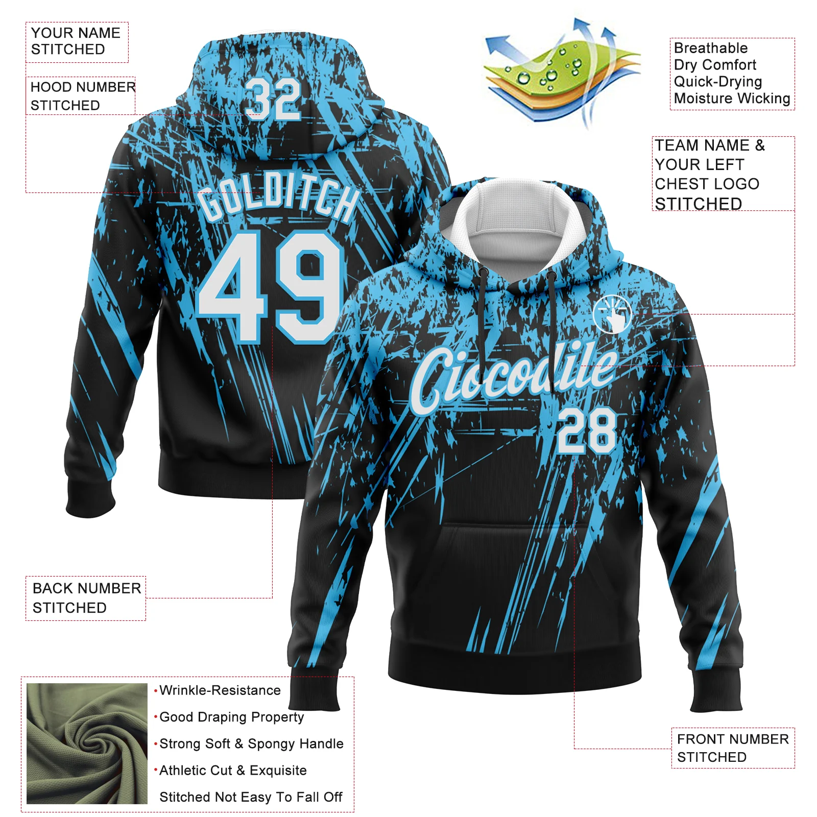 Custom Stitched Black White-Sky Blue 3D Pattern Design Splash Grunge Art Sports Pullover Sweatshirt Hoodie - Image 2