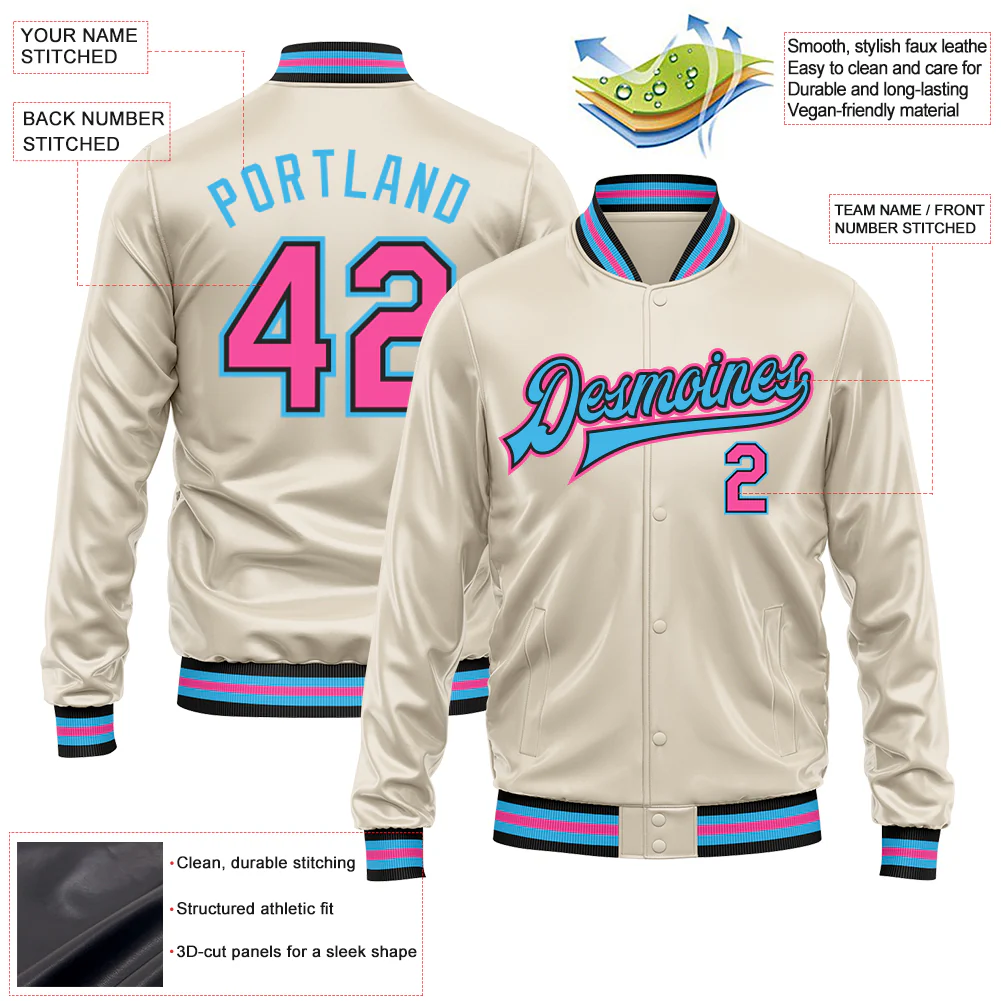 Custom Cream Pink Sky Blue-Black Bomber Full-Snap Varsity Faux Leather Letterman Jacket - Image 2
