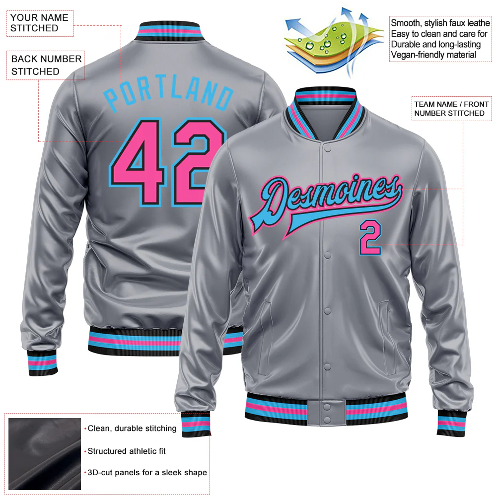 Custom Gray Pink Sky Blue-Black Bomber Full-Snap Varsity Faux Leather Letterman Jacket - Image 2