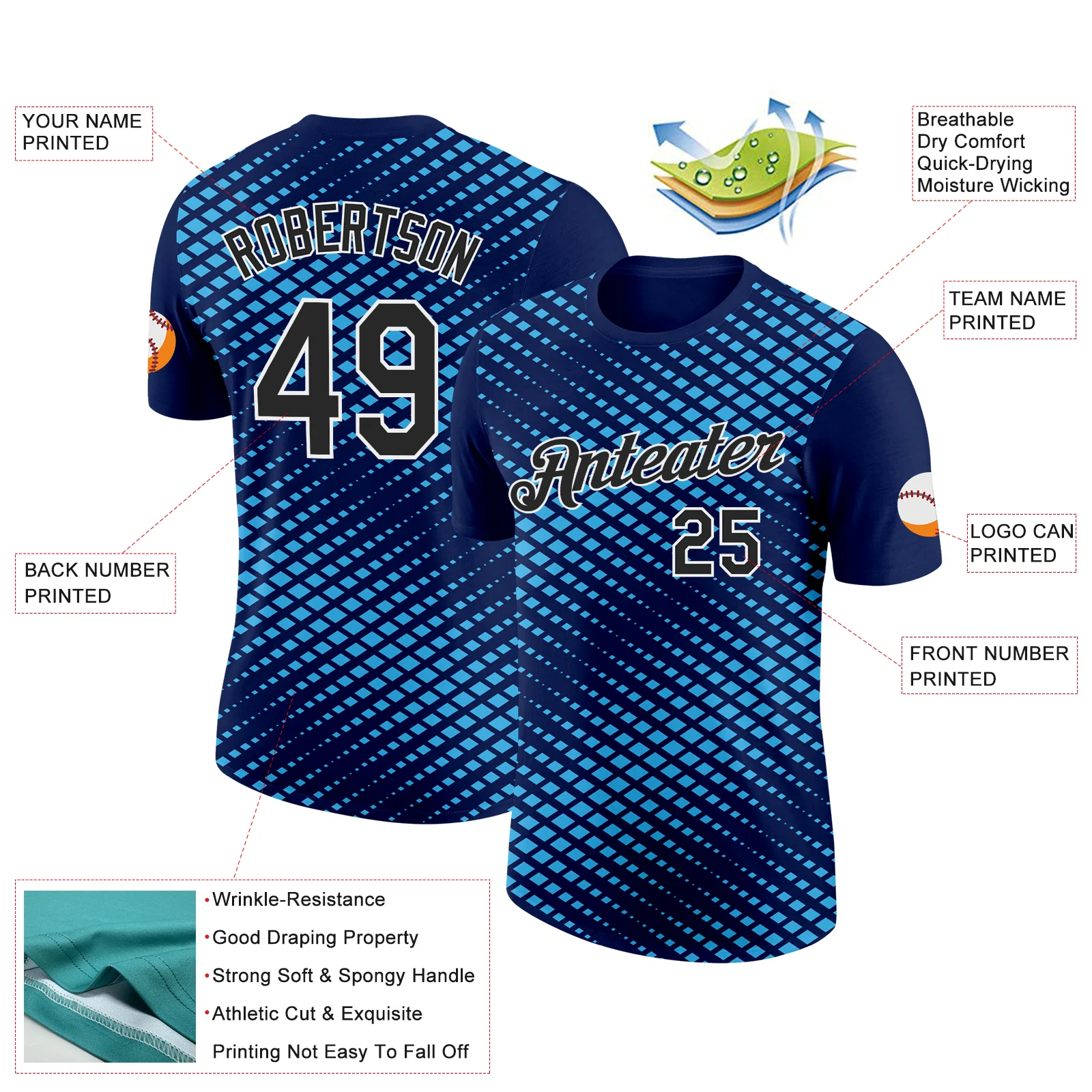 Custom Navy Black-Sky Blue 3D Esports Performance T-Shirt - Image 2