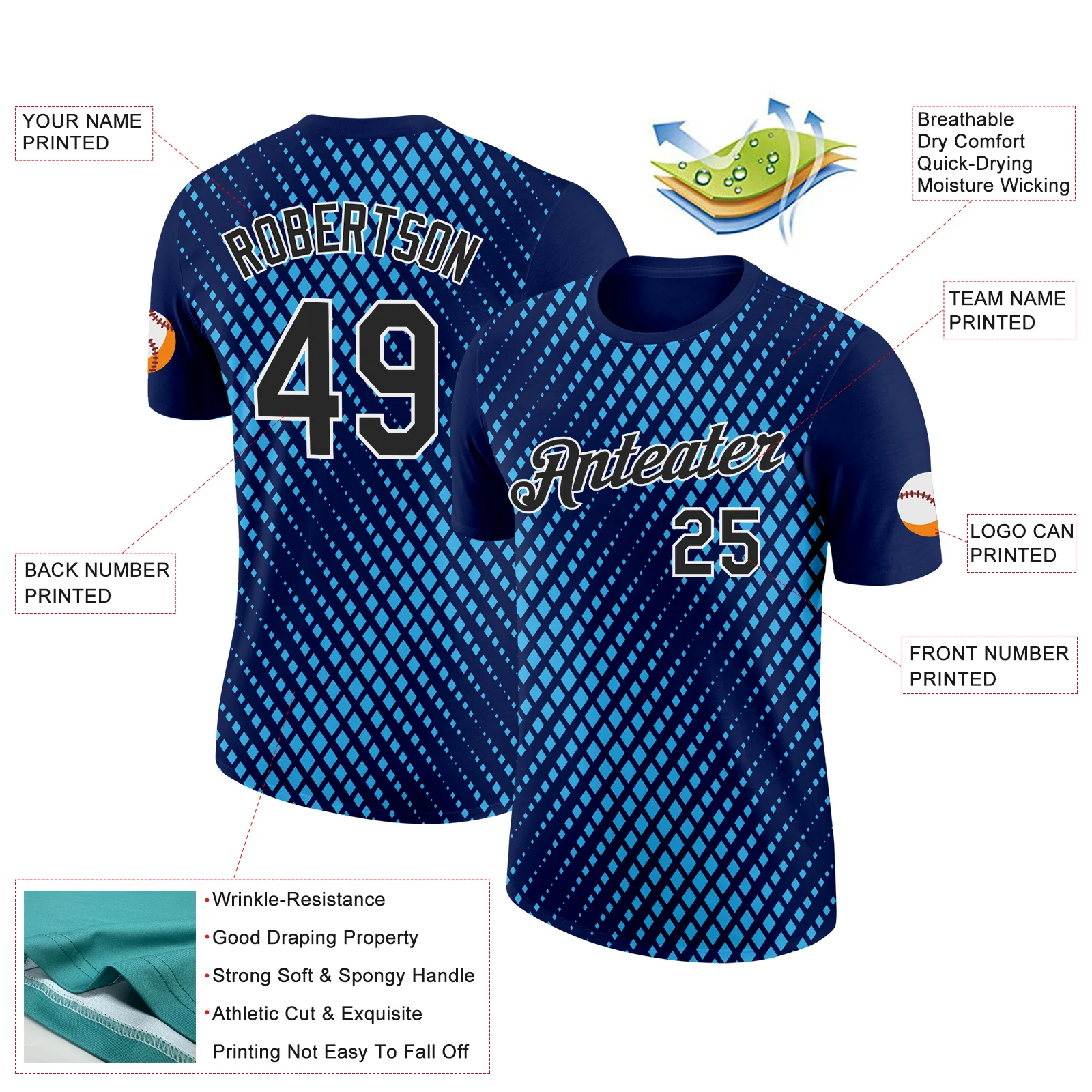 Custom Navy Black-Sky Blue 3D Esports Performance T-Shirt - Image 2
