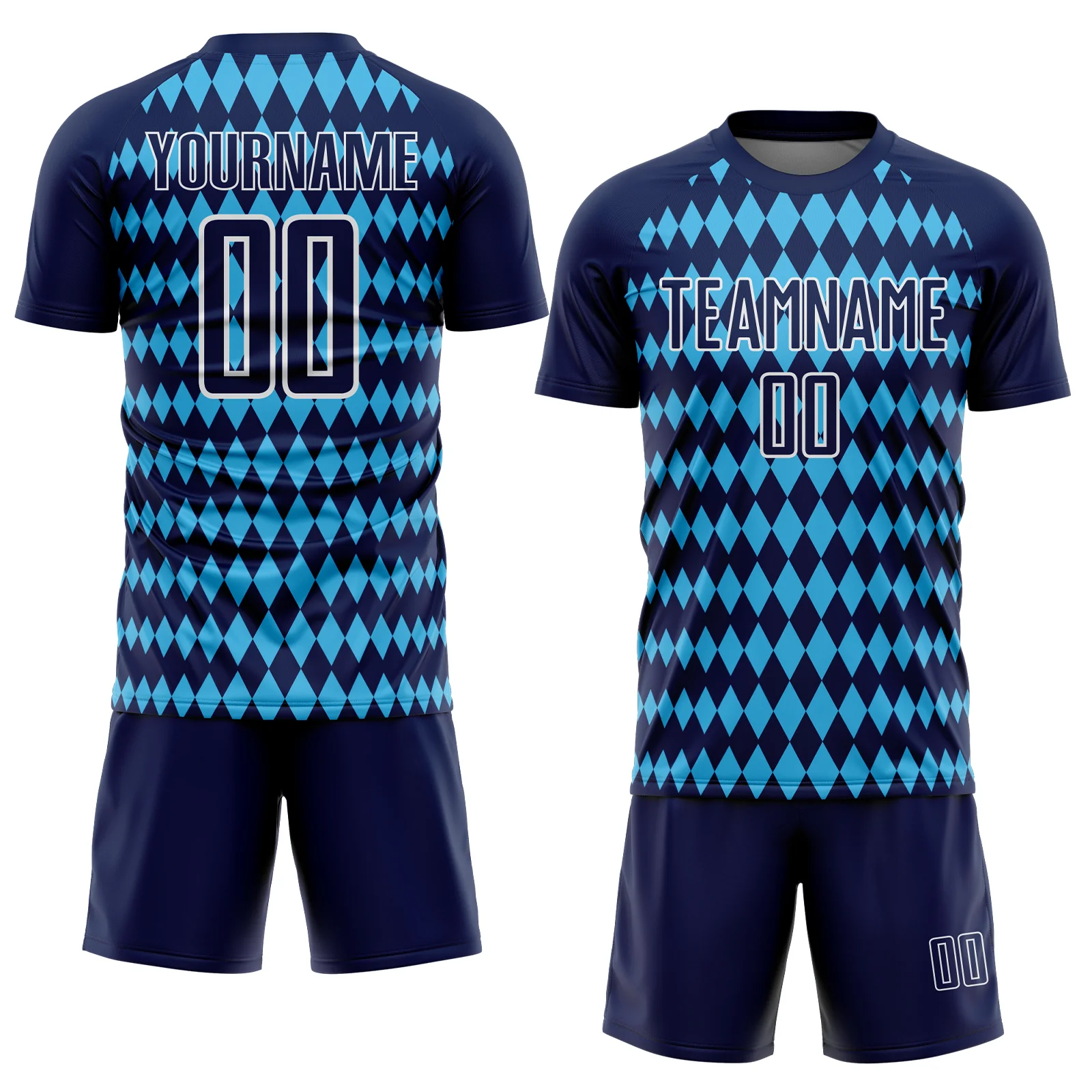 Custom Navy Sky Blue-White Diamond Harlequin Check Sports Sublimation Soccer Uniform Jersey - Image 2
