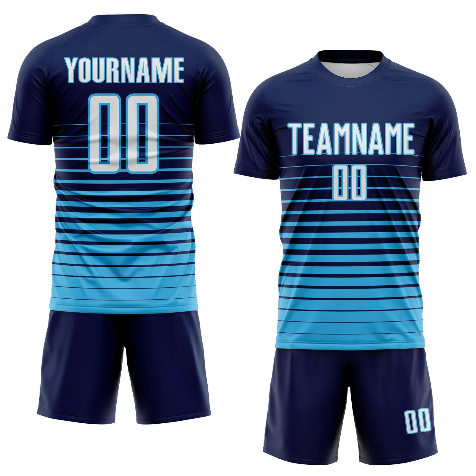 Custom Navy White-Sky Blue Gradient Pinstripe Sublimation Soccer Uniform Jersey - Image 2