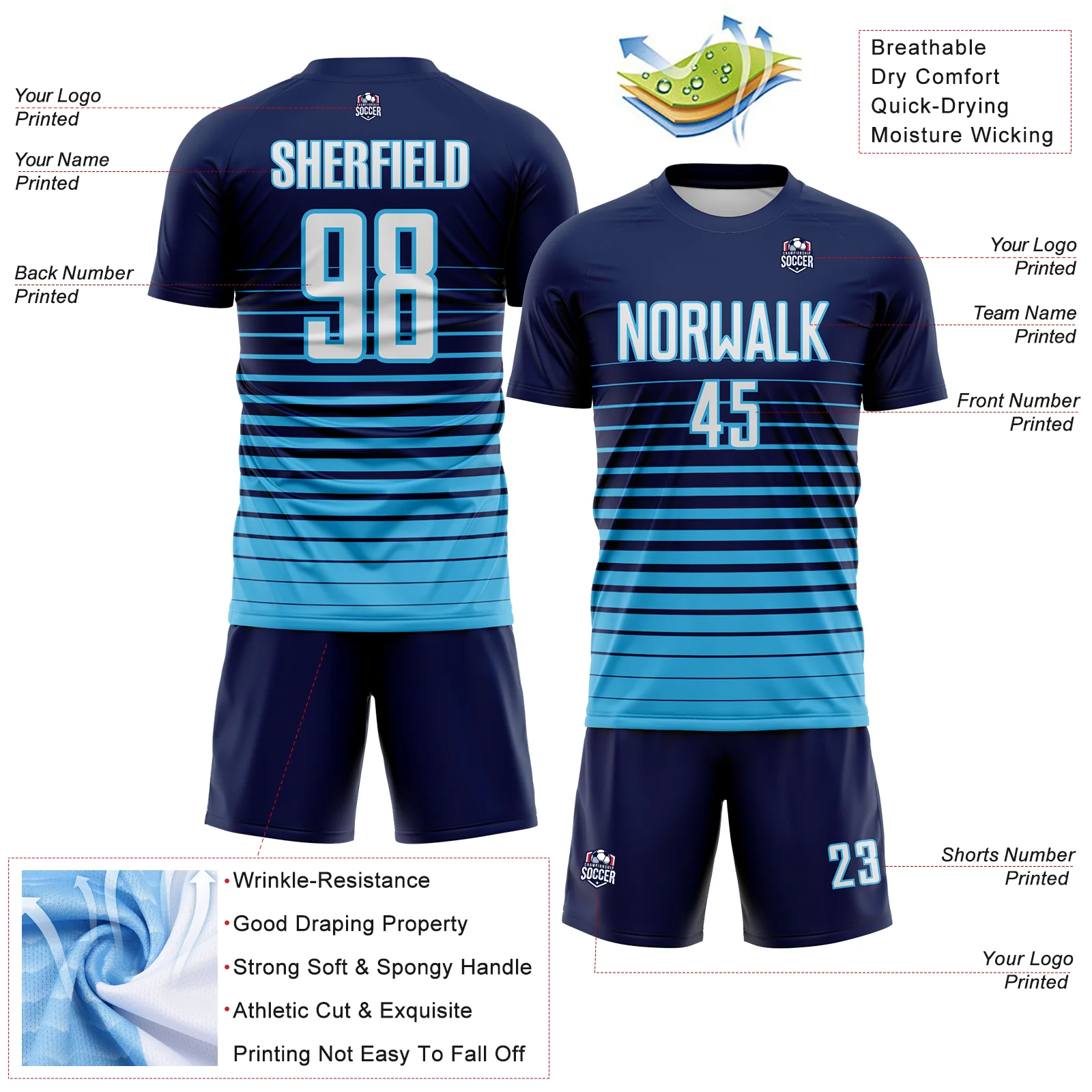 Custom Navy White-Sky Blue Gradient Pinstripe Sublimation Soccer Uniform Jersey - Image 4