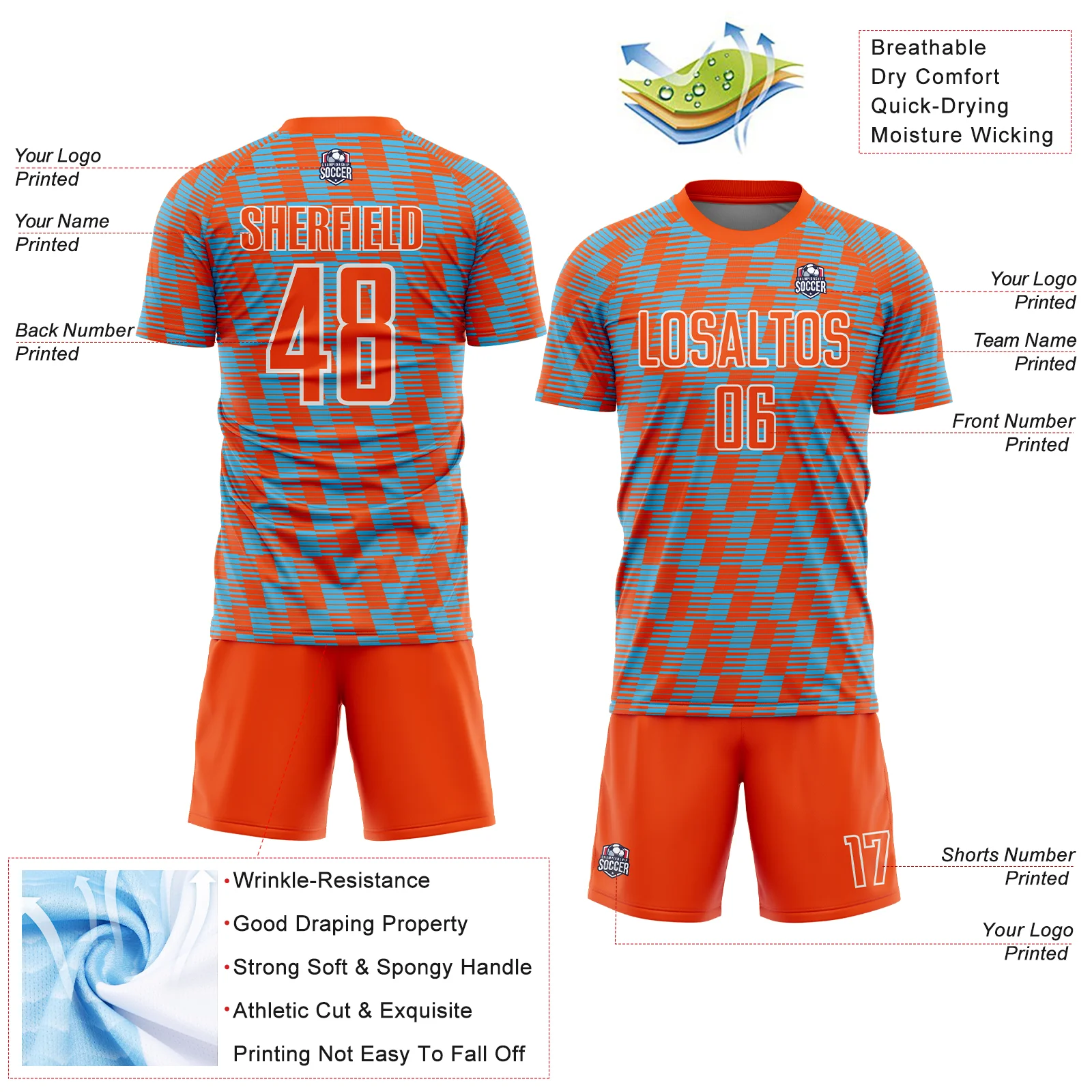 Custom Orange Sky Blue-White Line Sublimation Soccer Uniform Jersey - Image 4