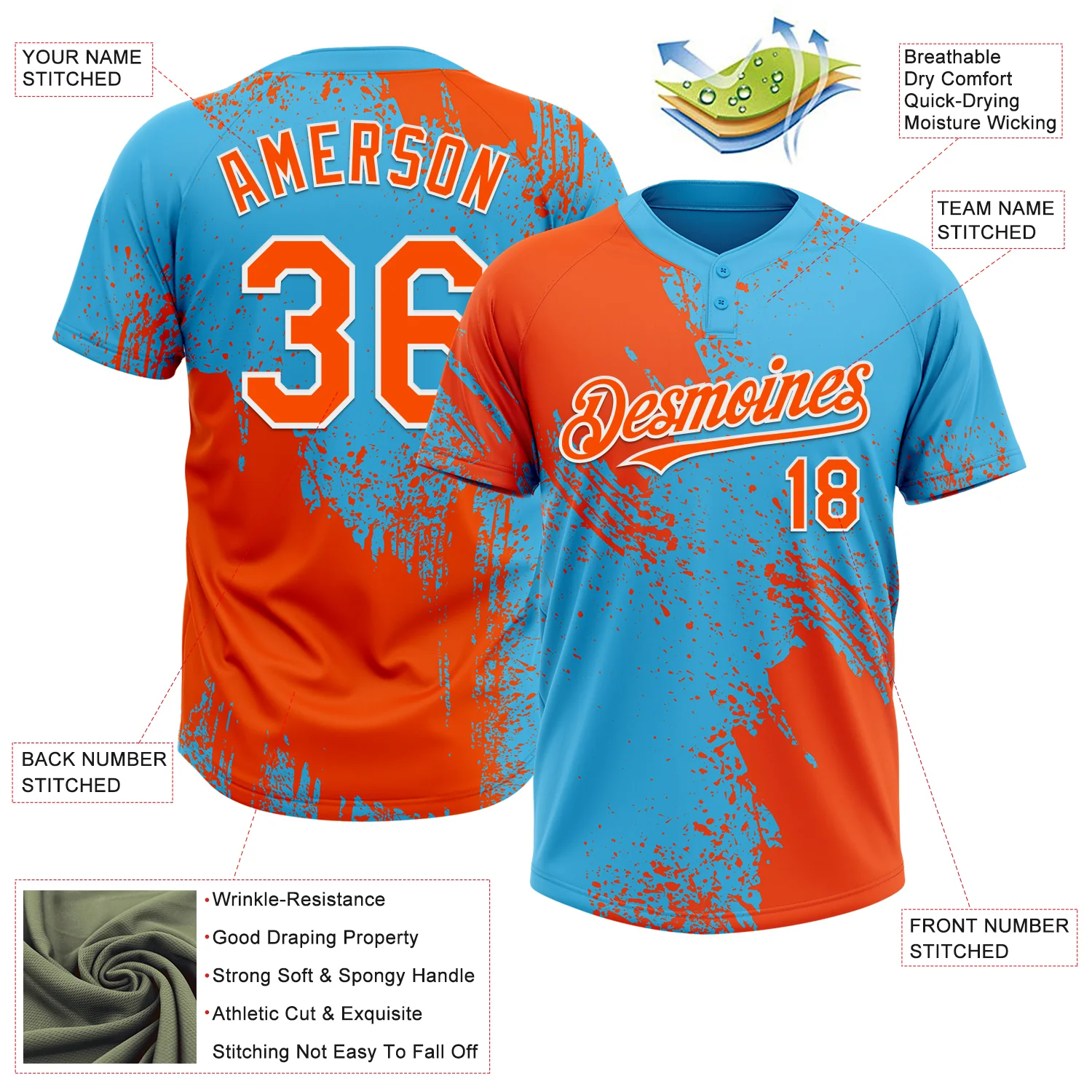 Custom Orange Sky Blue-White 3D Pattern Abstract Brush Stroke Two-Button Unisex Softball Jersey - Image 3