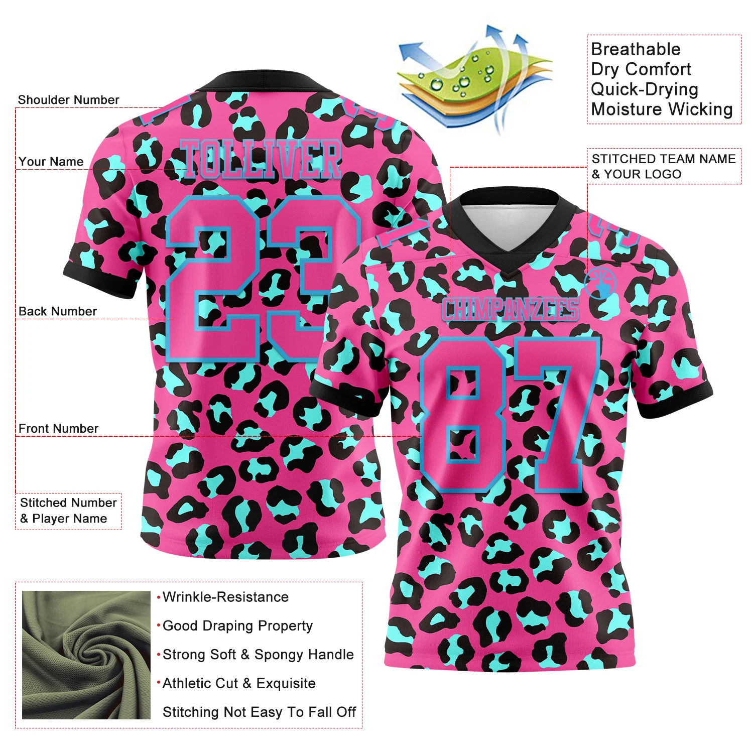 Custom Pink Sky Blue-Black 3D Pattern Leopard Print Authentic Football Jersey - Image 3