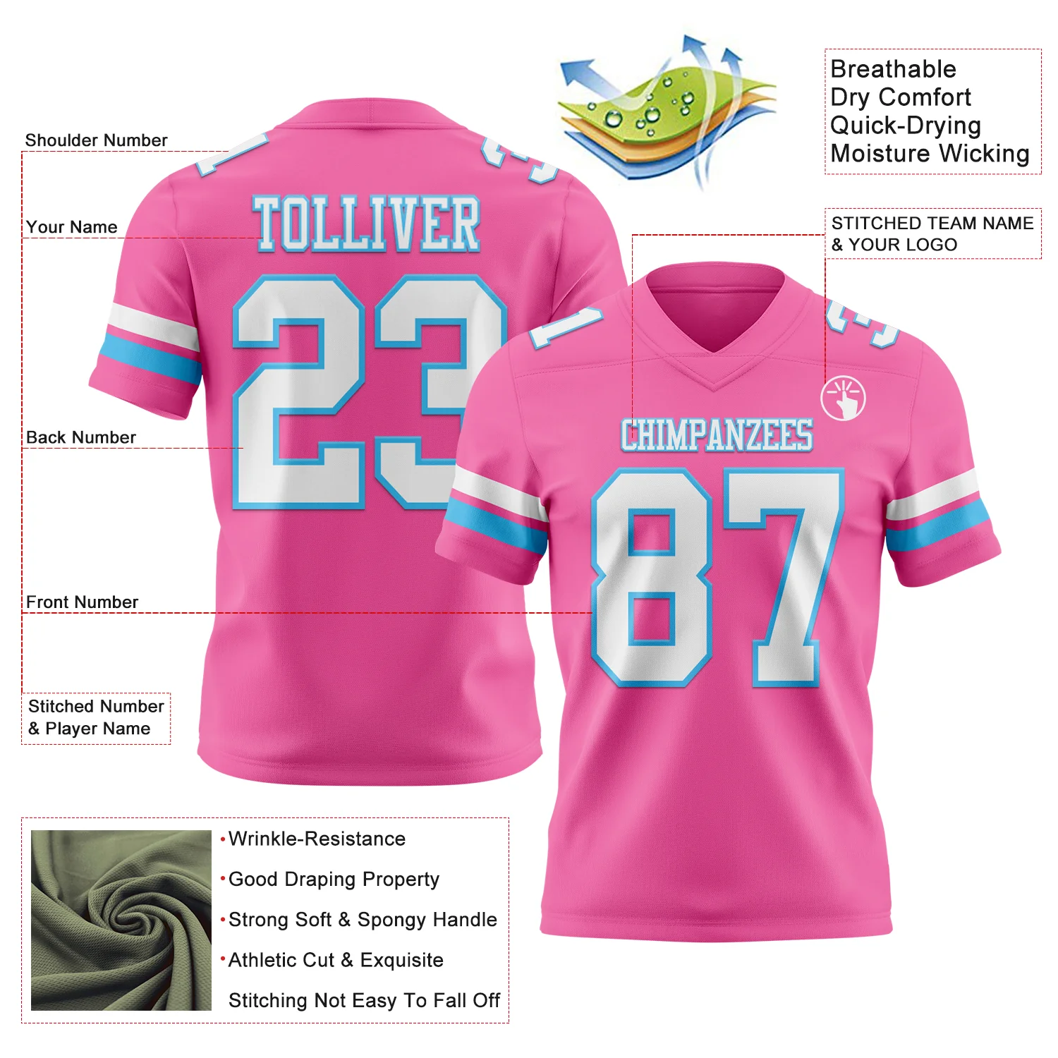 Custom Pink White-Sky Blue Authentic Football Jersey - Image 3