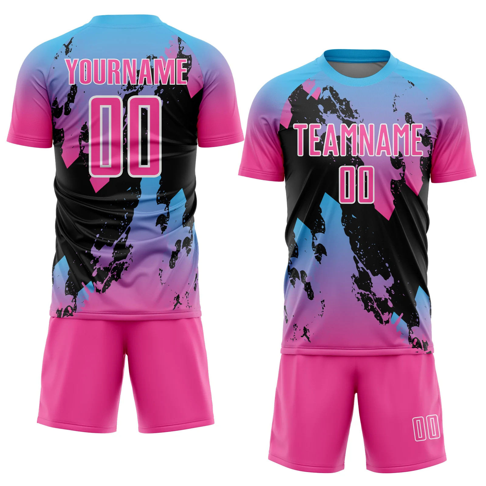 Custom Pink Sky Blue-Black Splash Sublimation Soccer Uniform Jersey - Image 2