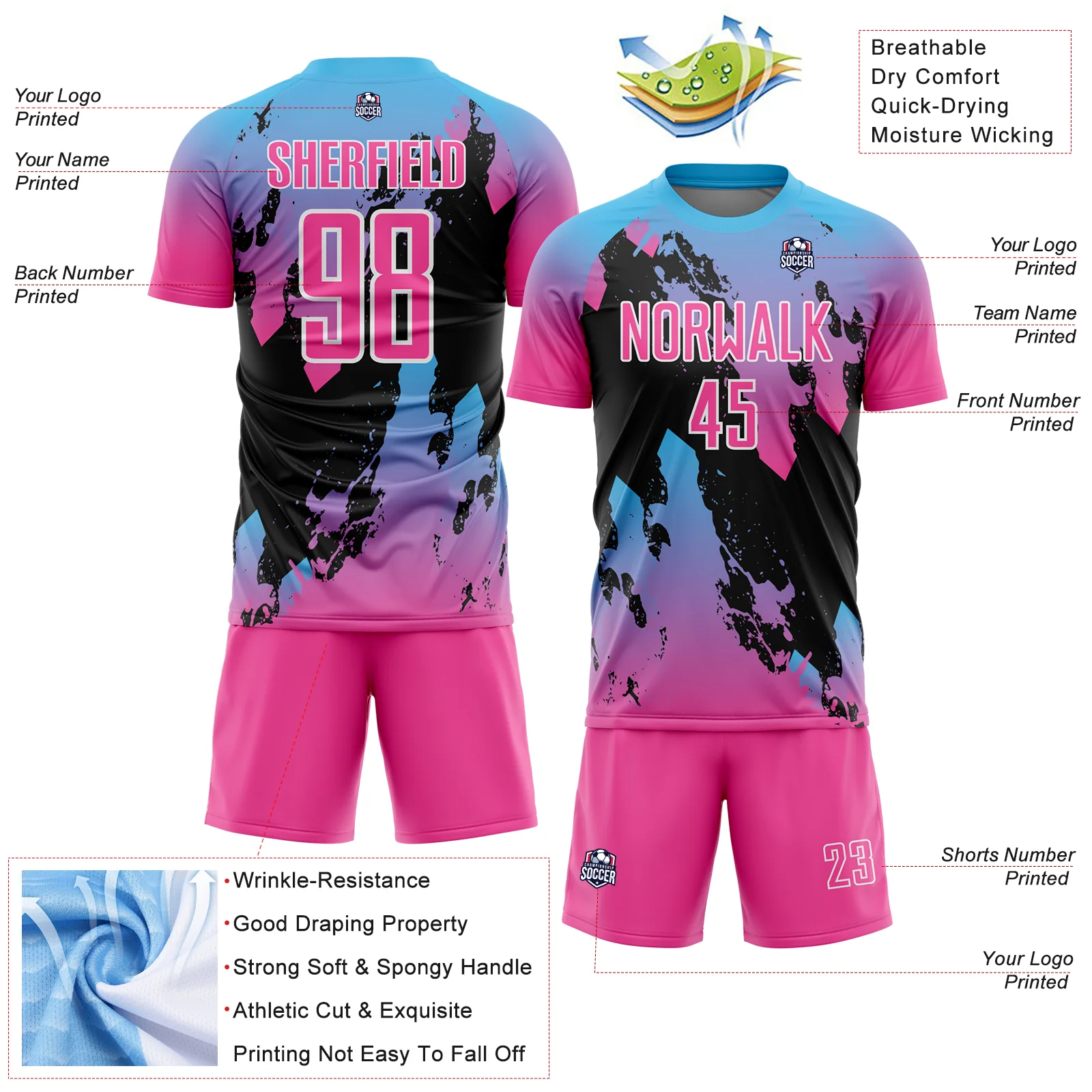 Custom Pink Sky Blue-Black Splash Sublimation Soccer Uniform Jersey - Image 4