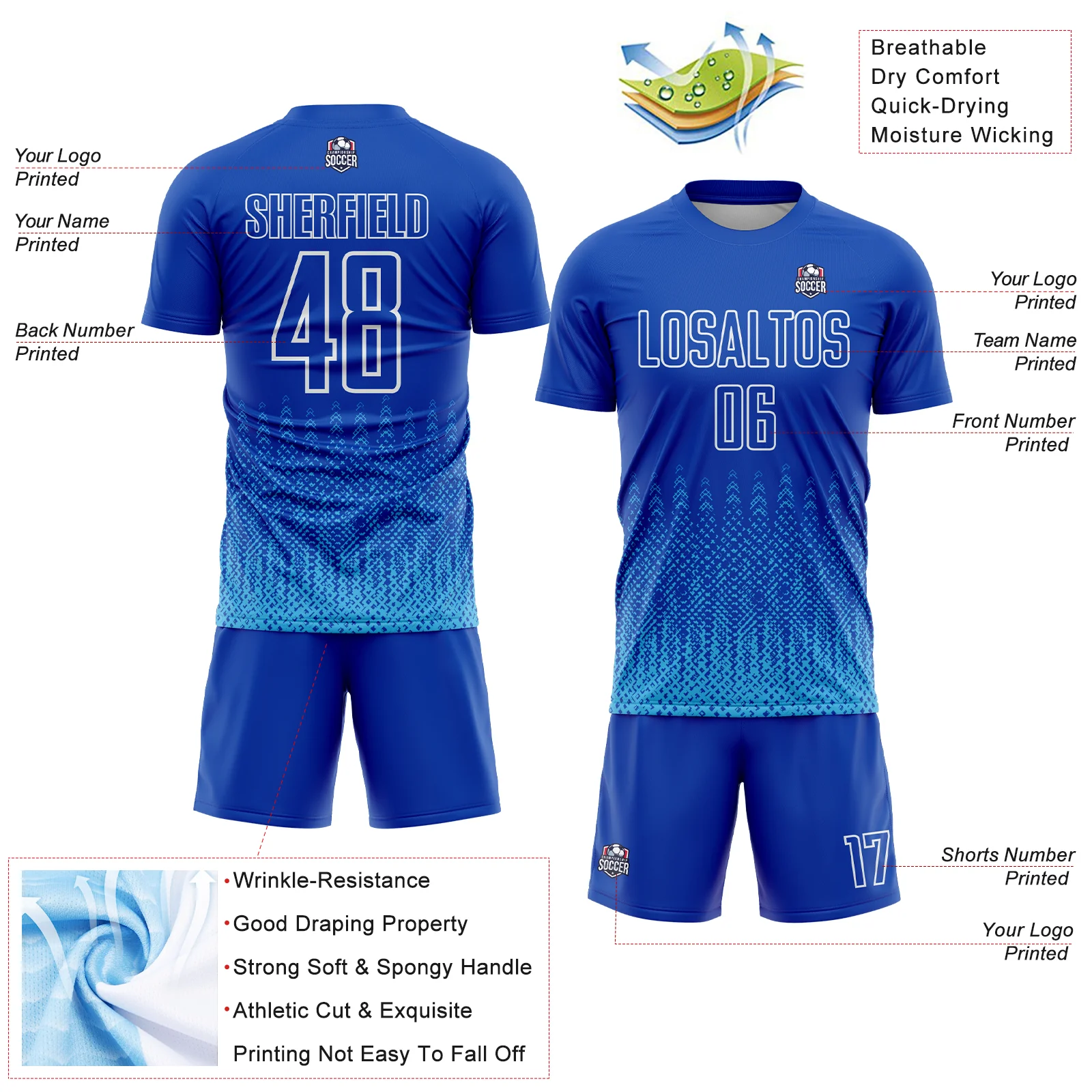 Custom Royal Sky Blue-White Geometric Shape Sublimation Soccer Uniform Jersey - Image 4