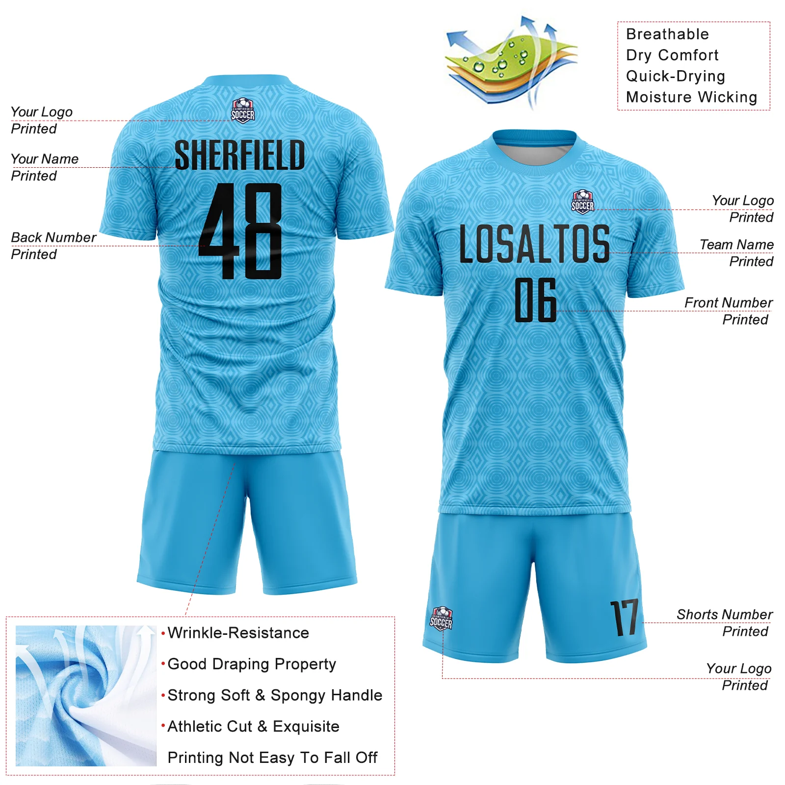 Custom Sky Blue Black Geometric Shapes Sublimation Soccer Uniform Jersey - Image 4