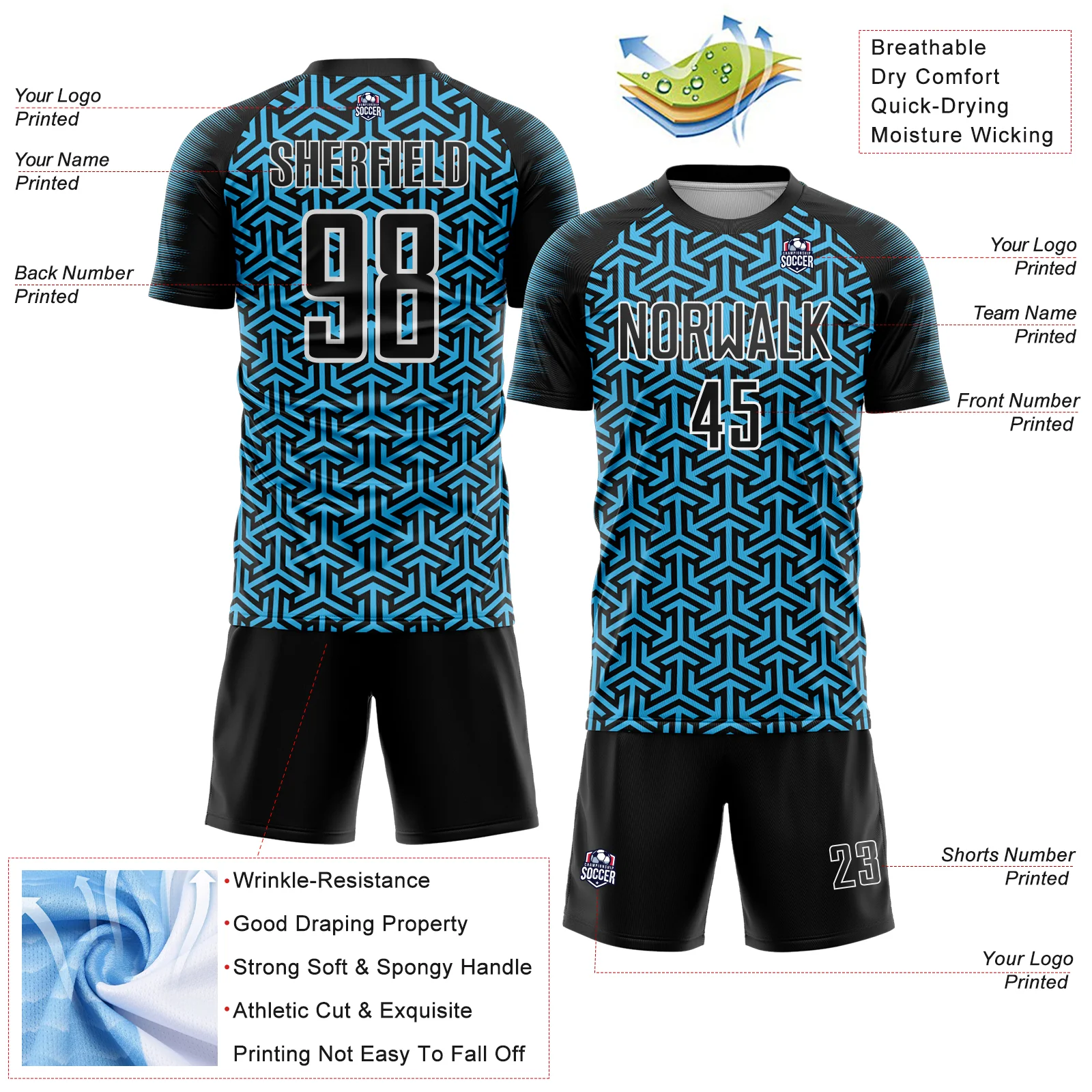 Custom Black Sky Blue-White Geometric Arrow Sublimation Soccer Uniform Jersey - Image 4