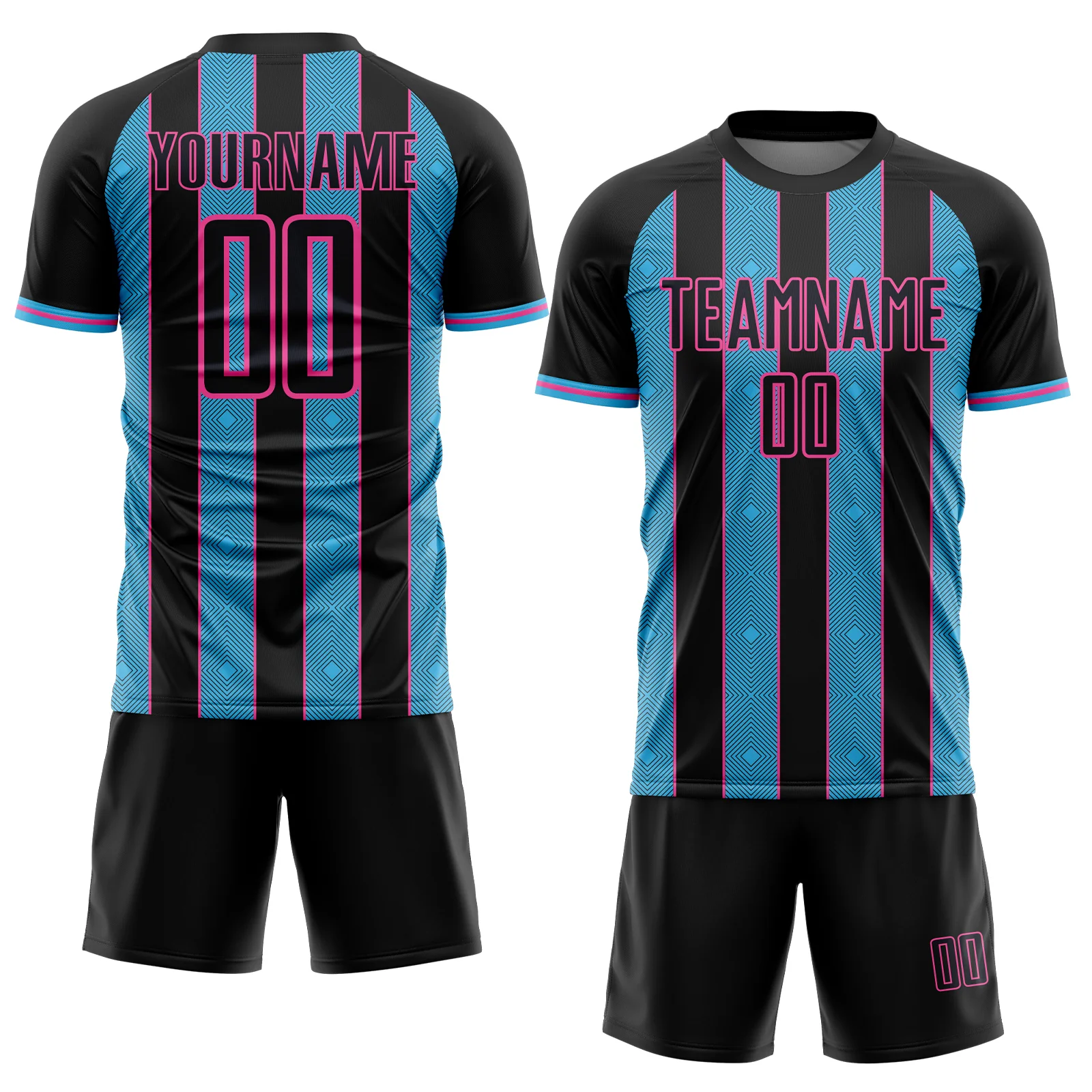 Custom Black Sky Blue-Pink Pinstripe Line Sports Sublimation Soccer Uniform Jersey - Image 2