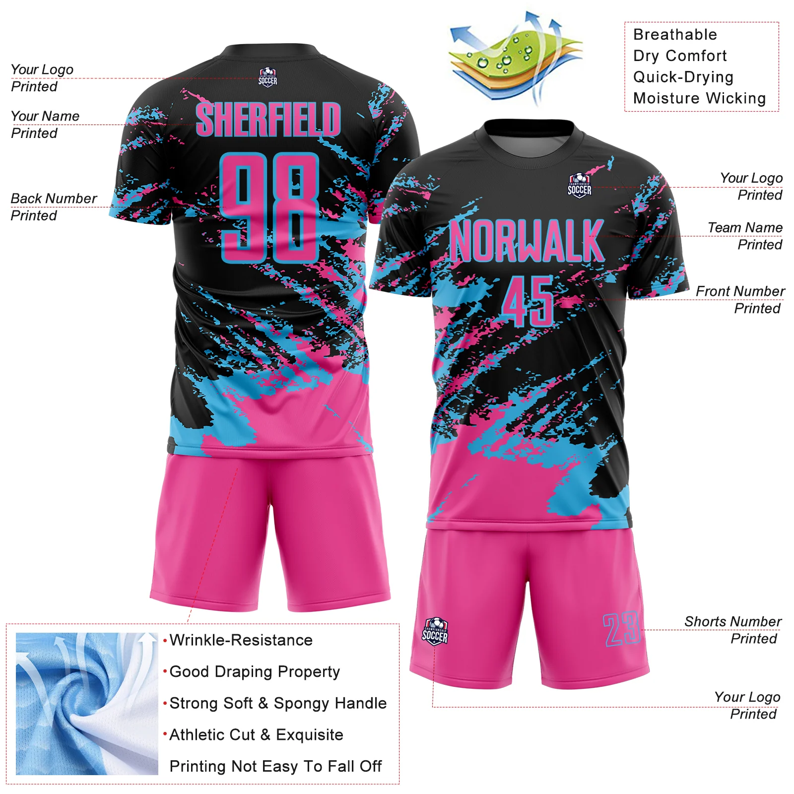 Custom Black Pink-Sky Blue Abstract Fragment Art Splash Sports Sublimation Soccer Uniform Jersey - Image 4