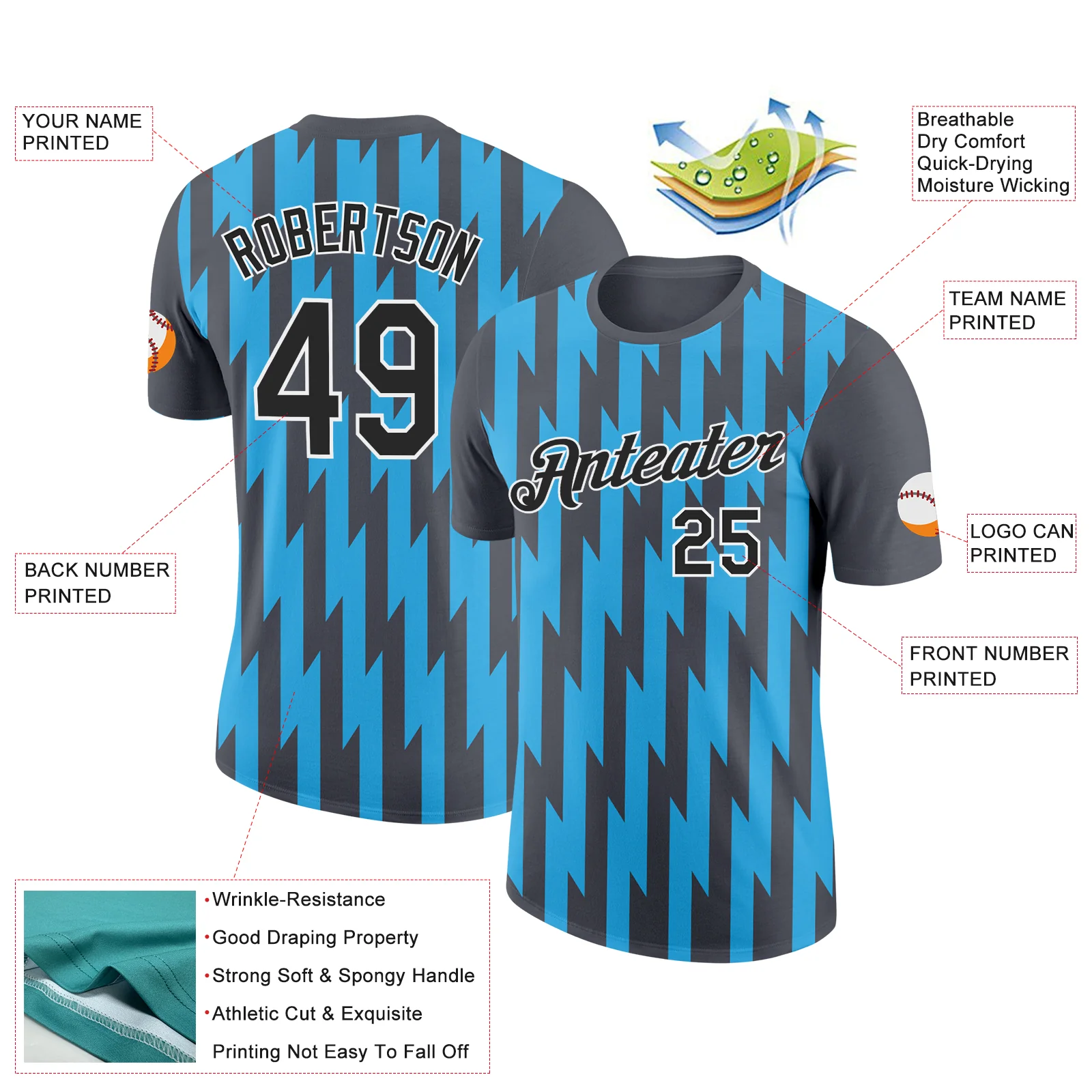 Custom Steel Gray Black-Sky Blue 3D Esports Performance T-Shirt - Image 2