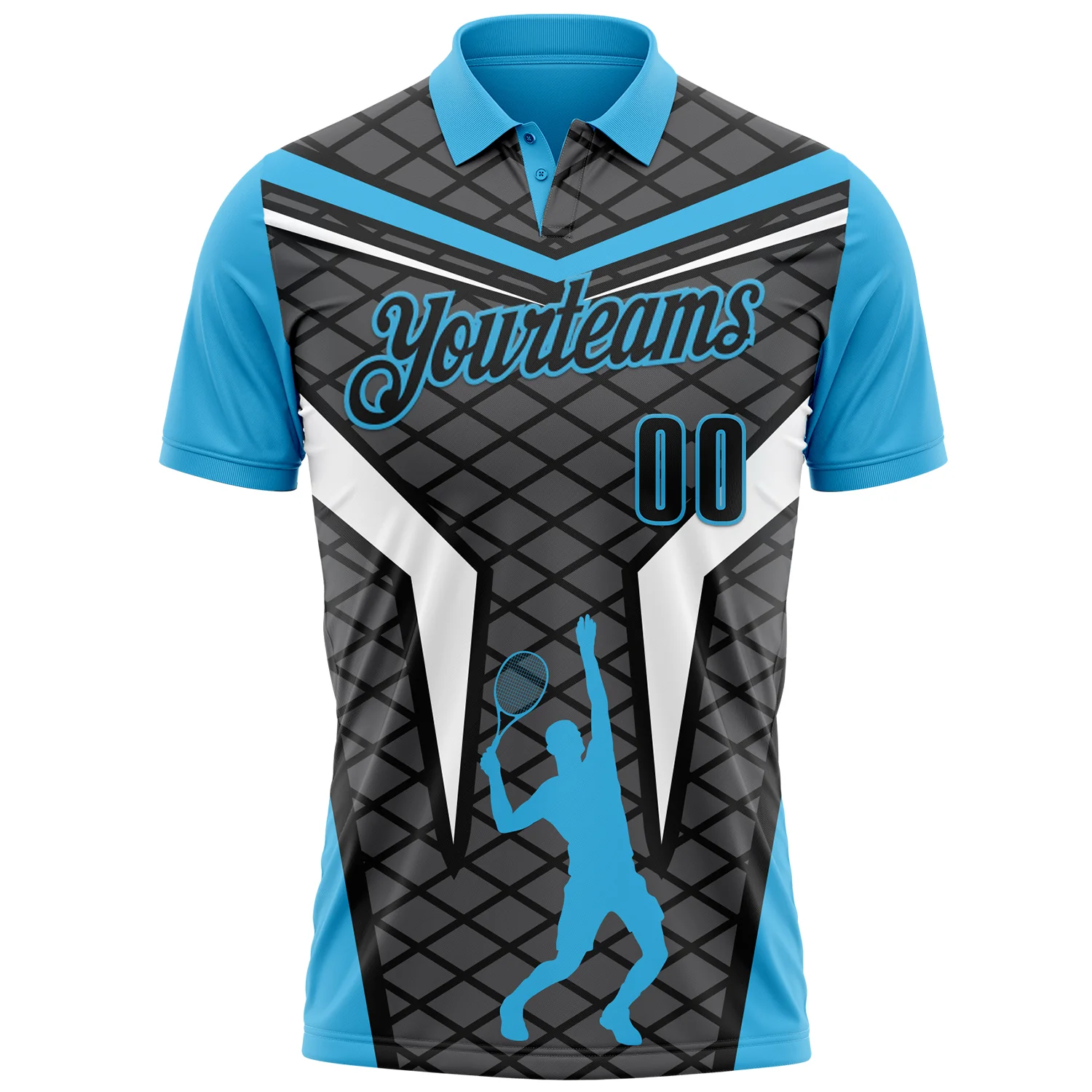 Custom Steel Gray Black-Sky Blue 3D Tennis Performance Polo Shirt - Image 2