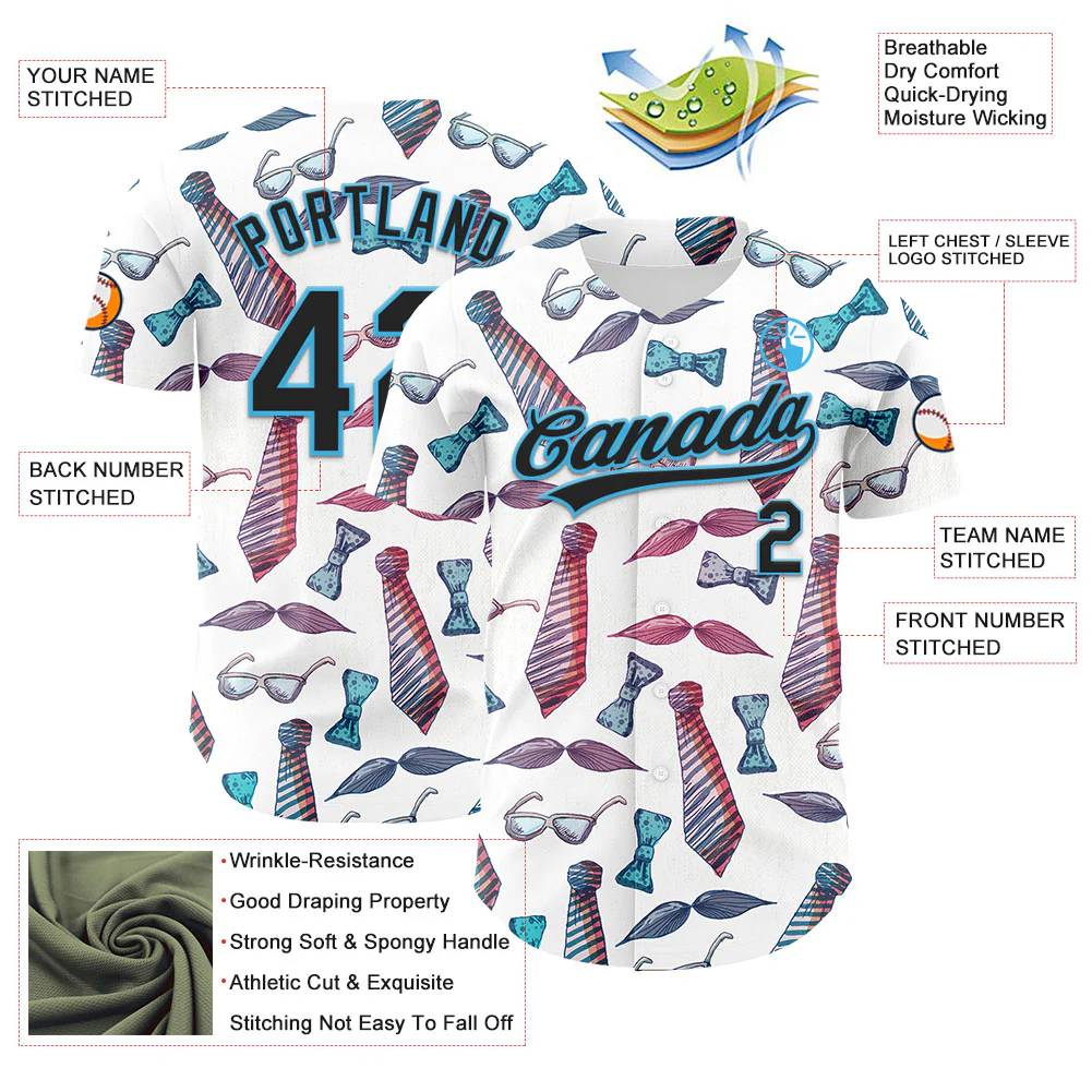 Custom White Black-Sky Blue 3D Pattern Design Father's Day Mustache And Tie Authentic Baseball Jersey - Image 3
