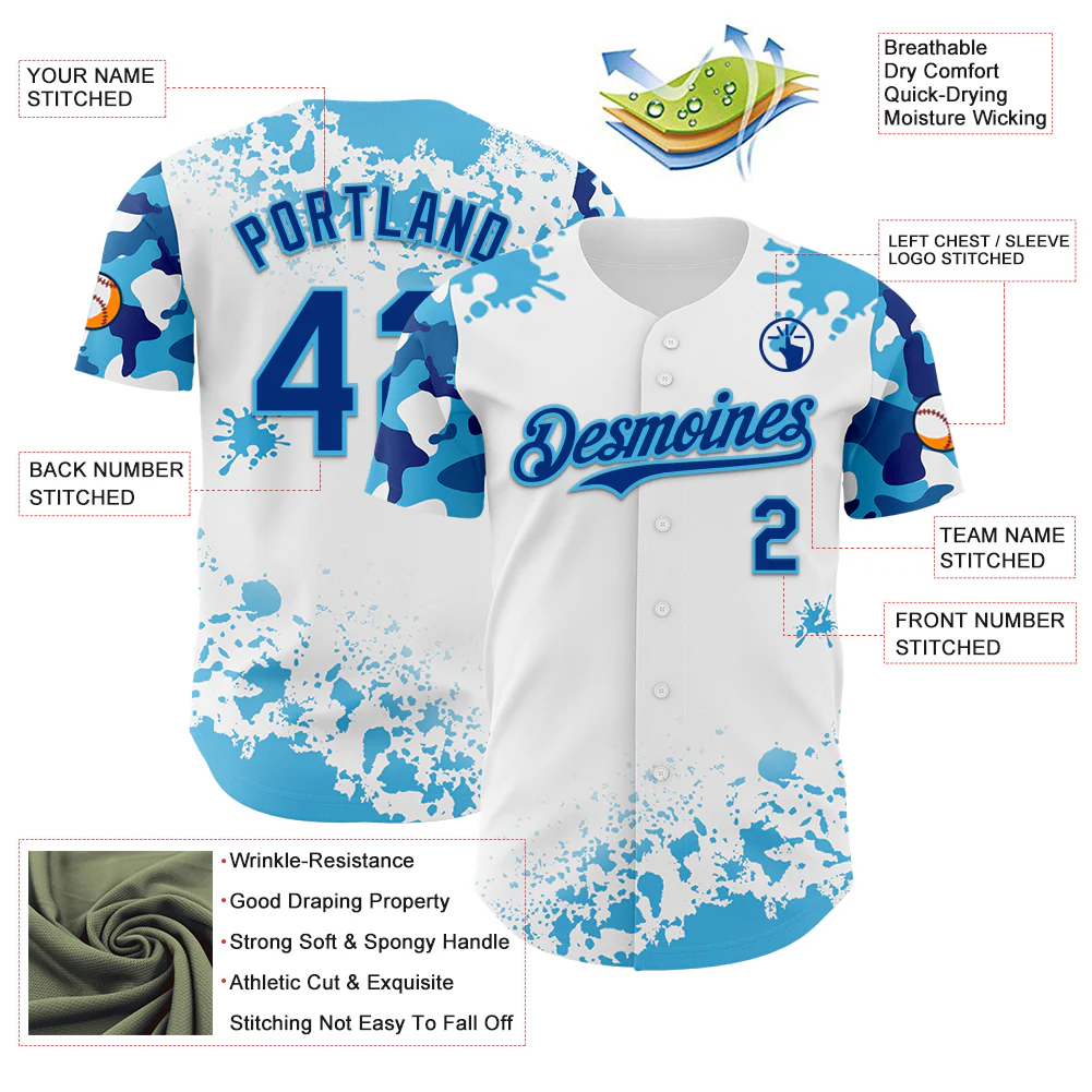 Custom White Royal-Sky Blue Splatter Camo Two Tone Authentic Baseball Jersey - Image 3