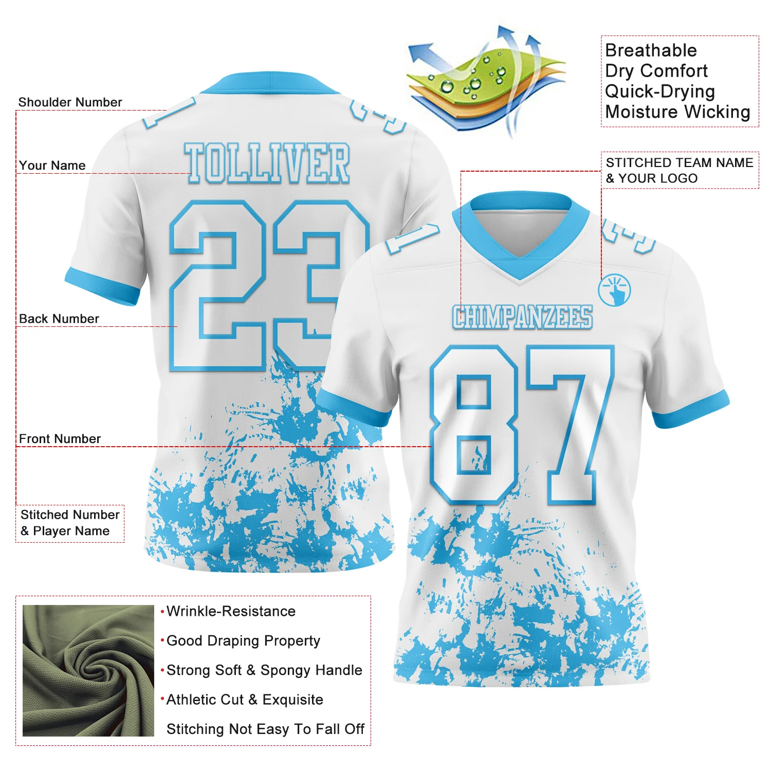 Custom White Sky Blue 3D Pattern Splash Authentic Football Jersey - Image 3