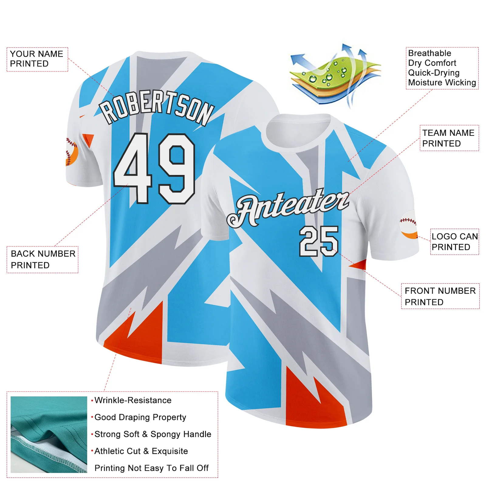 Custom White Sky Blue Orange-Gray 3D Esports Performance T-Shirt - Image 2