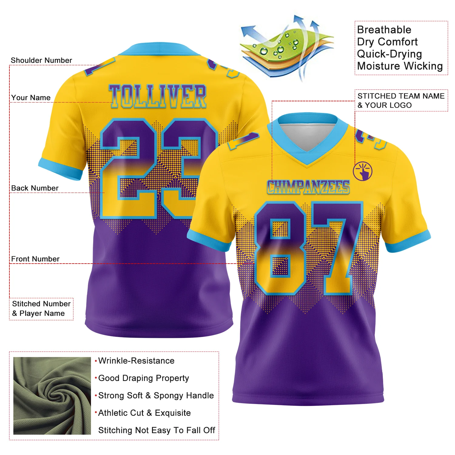 Custom Yellow Purple-Sky Blue Authentic Gradient Square Shape Flag Football Jersey - Image 2