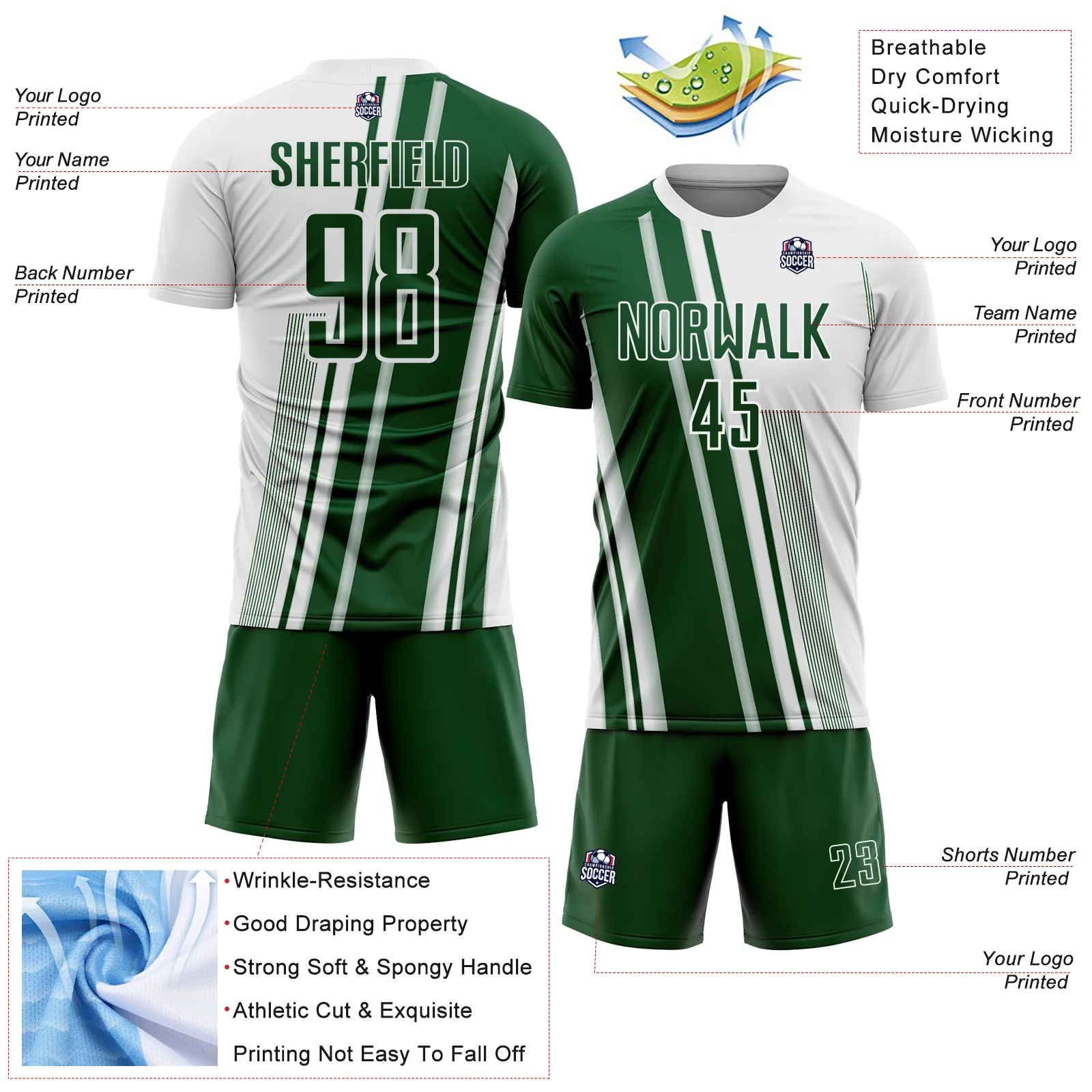 Custom White Green Lines Sports Sublimation Soccer Uniform Jersey - Image 4