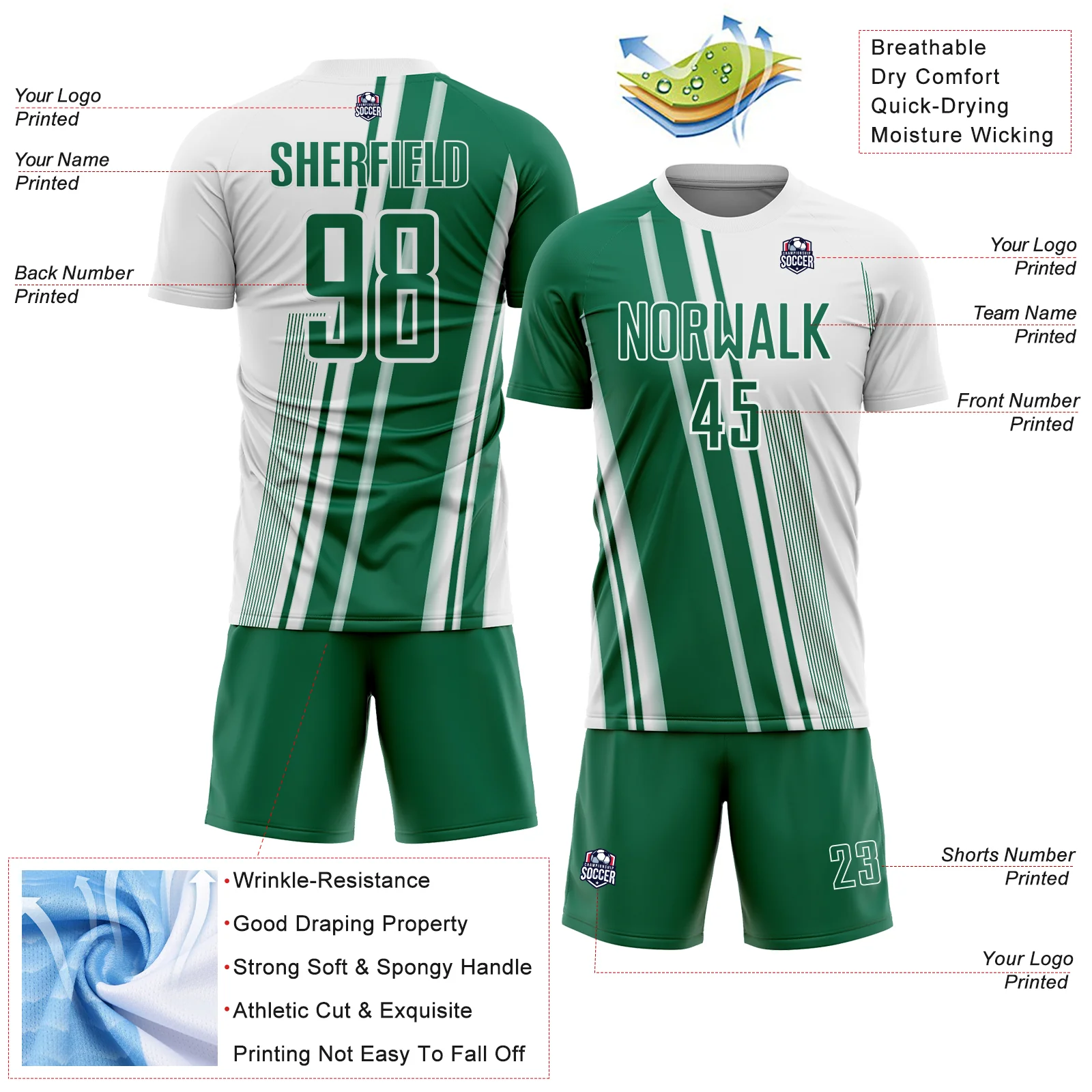 Custom White Kelly Green Lines Sports Sublimation Soccer Uniform Jersey - Image 4