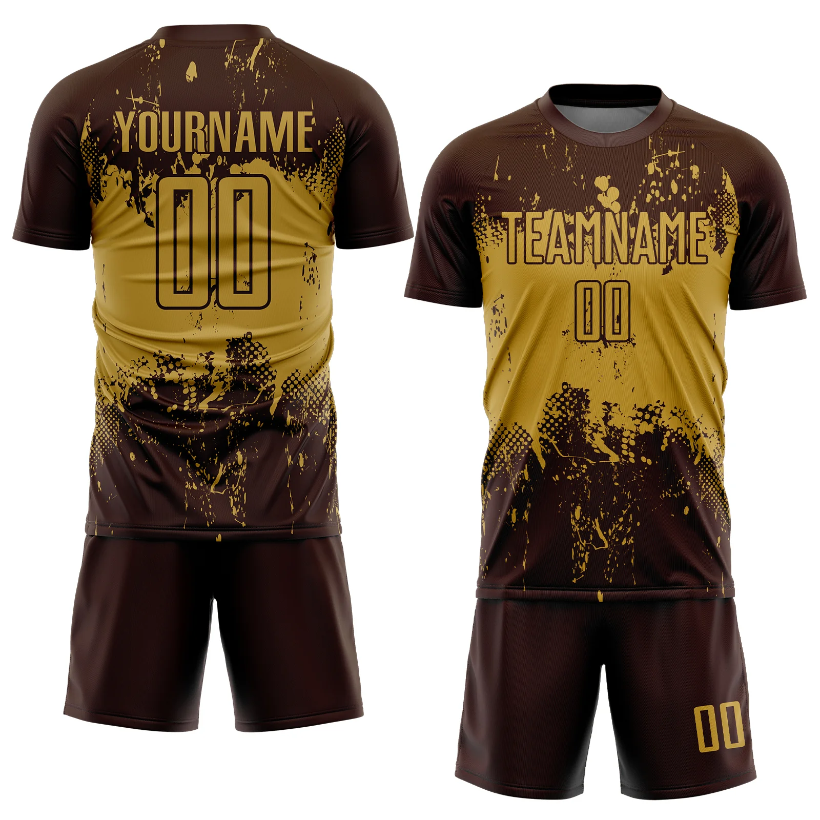 Custom Brown Old Gold Abstract Splatter Grunge Art Sports Sublimation Soccer Uniform Jersey - Image 2