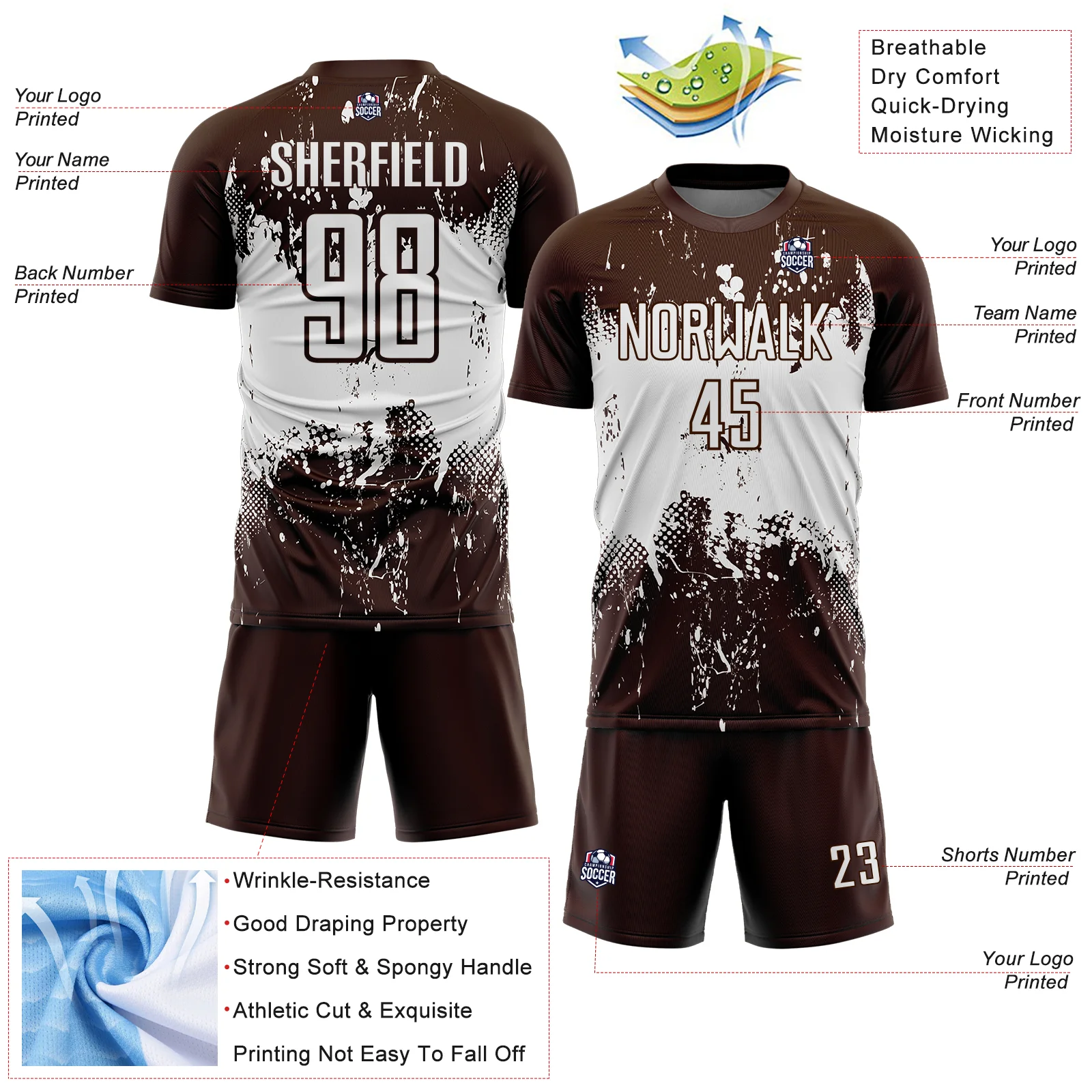 Custom Brown White Abstract Splatter Grunge Art Sports Sublimation Soccer Uniform Jersey - Image 4