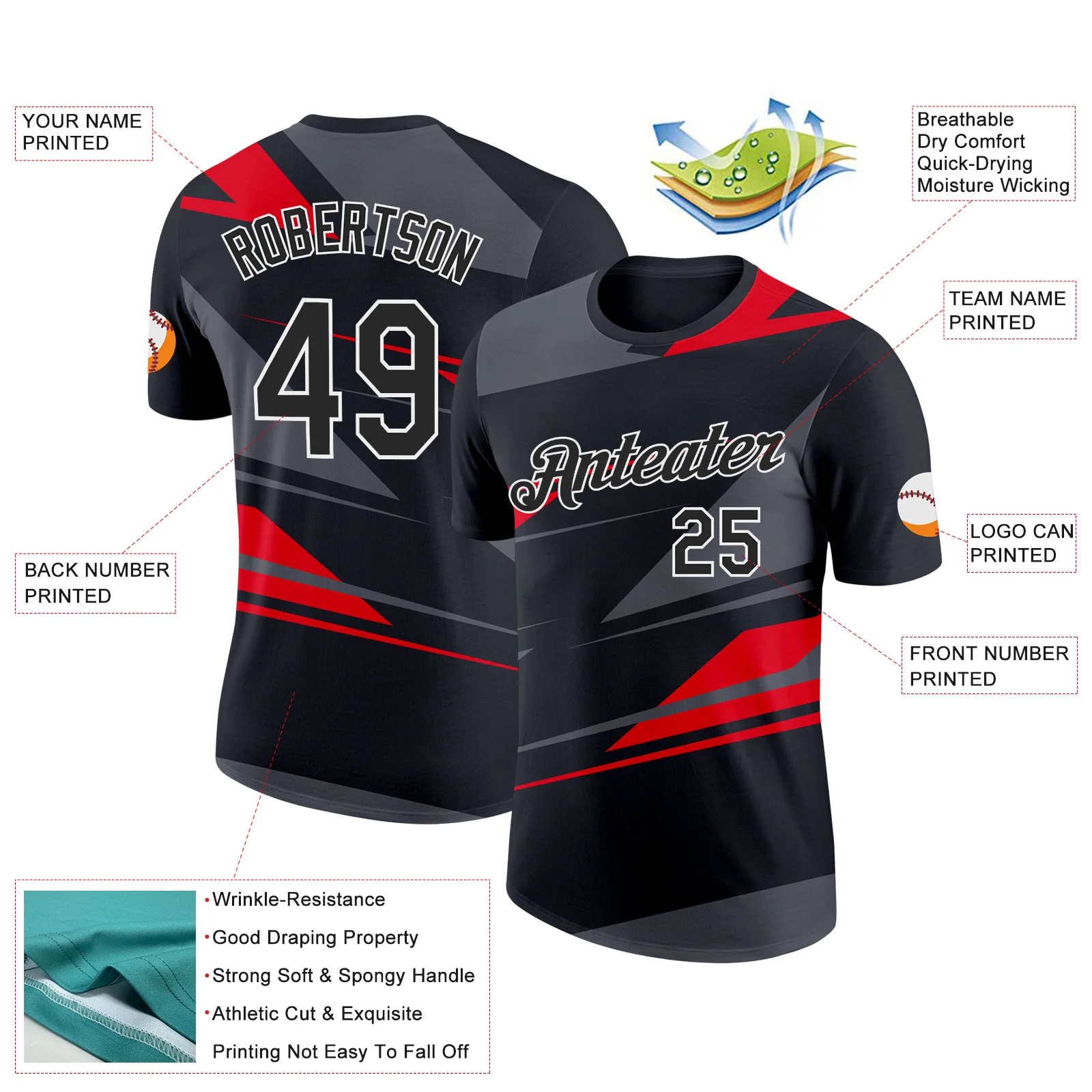 Custom Black Steel Gray-Fire Red 3D Esports Performance T-Shirt - Image 2
