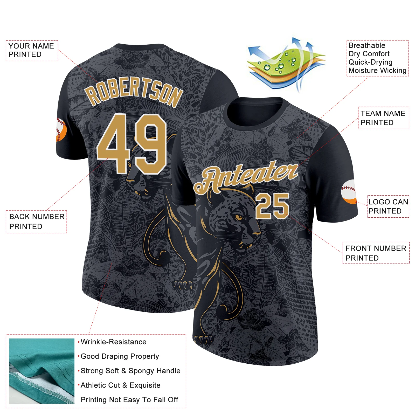 Custom Black Old Gold-Steel Gray 3D Esports Leopard Performance T-Shirt - Image 2