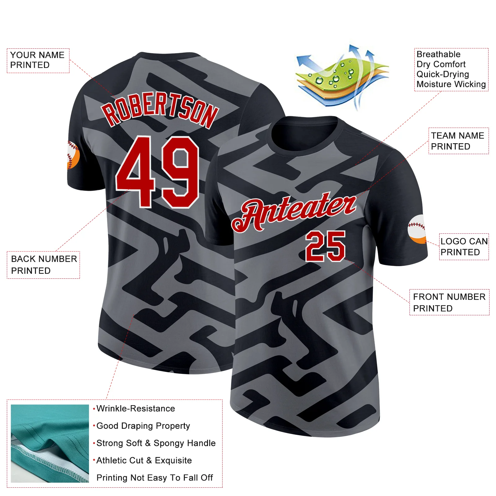 Custom Black Red-Steel Gray 3D Esports Performance T-Shirt - Image 2
