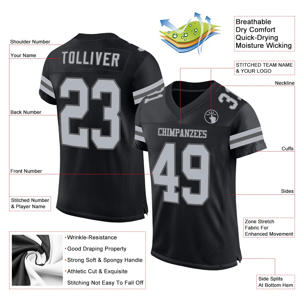 Custom Black Gray-Steel Gray Mesh Authentic Football Jersey - Image 2