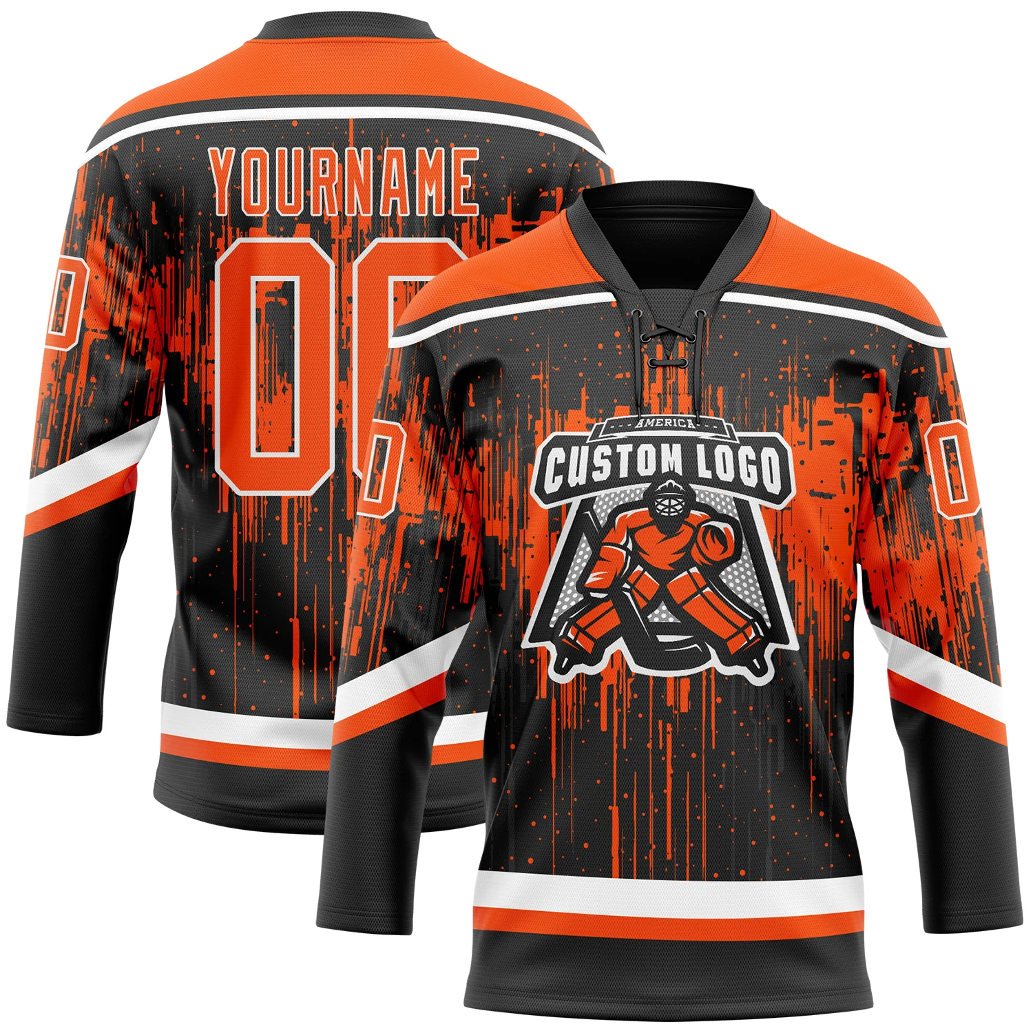 Custom Black Orange Steel Gray-White Dripping Splatter Pattern Hockey Lace Neck Jersey - Image 2