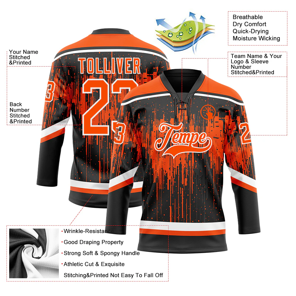Custom Black Orange Steel Gray-White Dripping Splatter Pattern Hockey Lace Neck Jersey - Image 5