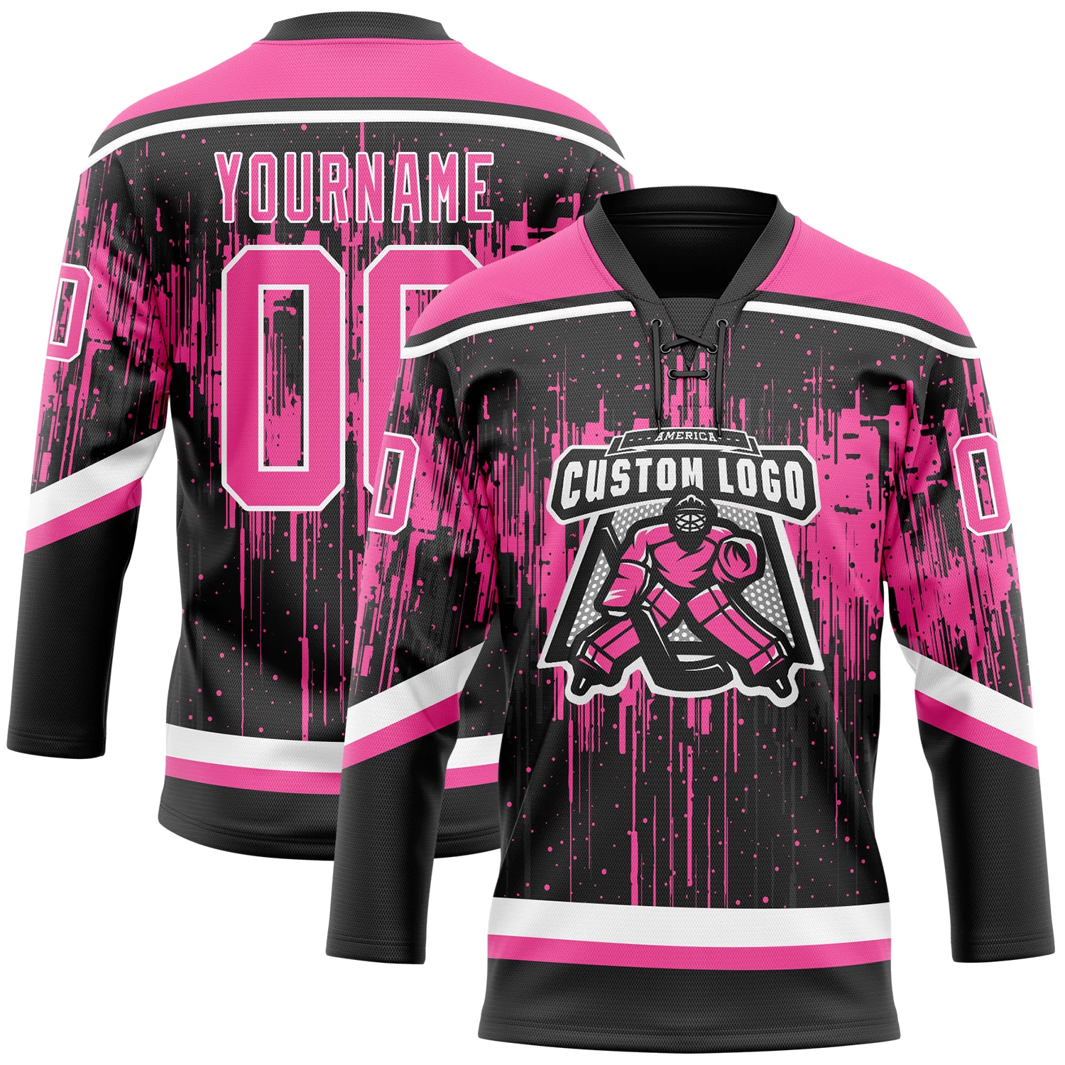 Custom Black Pink Steel Gray-White Dripping Splatter Pattern Hockey Lace Neck Jersey - Image 2