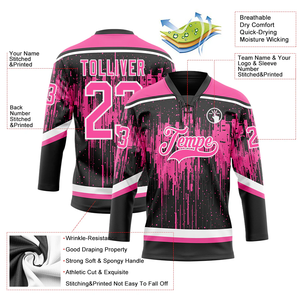 Custom Black Pink Steel Gray-White Dripping Splatter Pattern Hockey Lace Neck Jersey - Image 5