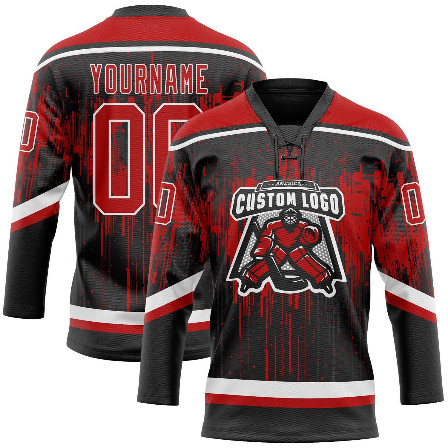 Custom Black Red Steel Gray-White Dripping Splatter Pattern Hockey Lace Neck Jersey - Image 2