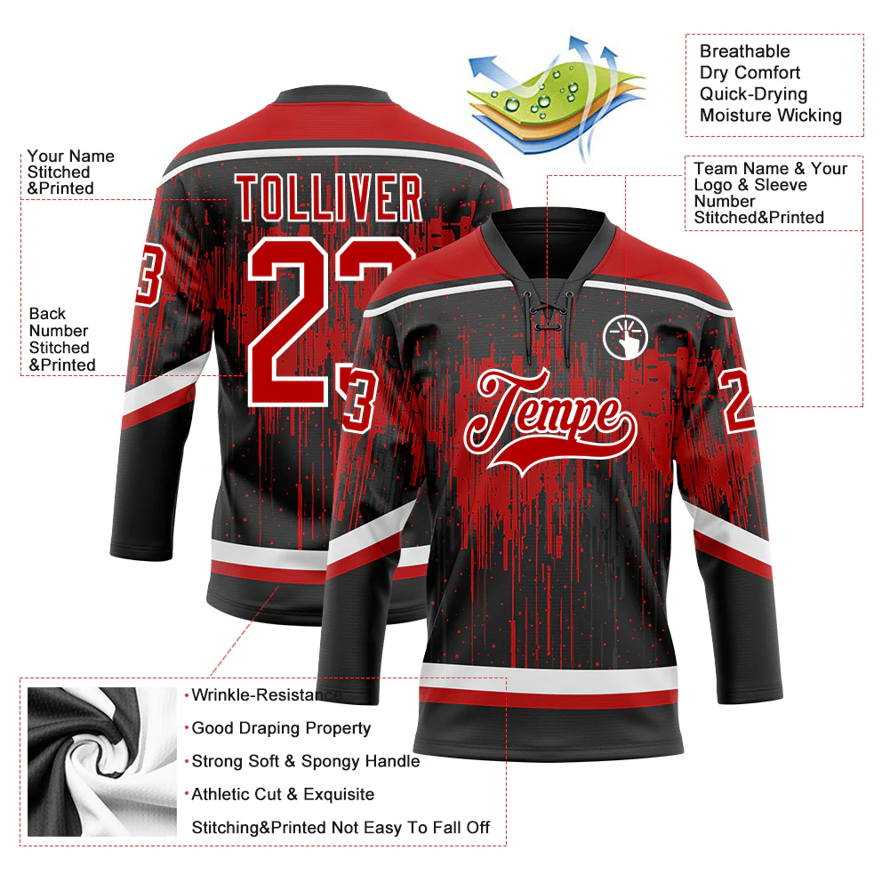 Custom Black Red Steel Gray-White Dripping Splatter Pattern Hockey Lace Neck Jersey - Image 5