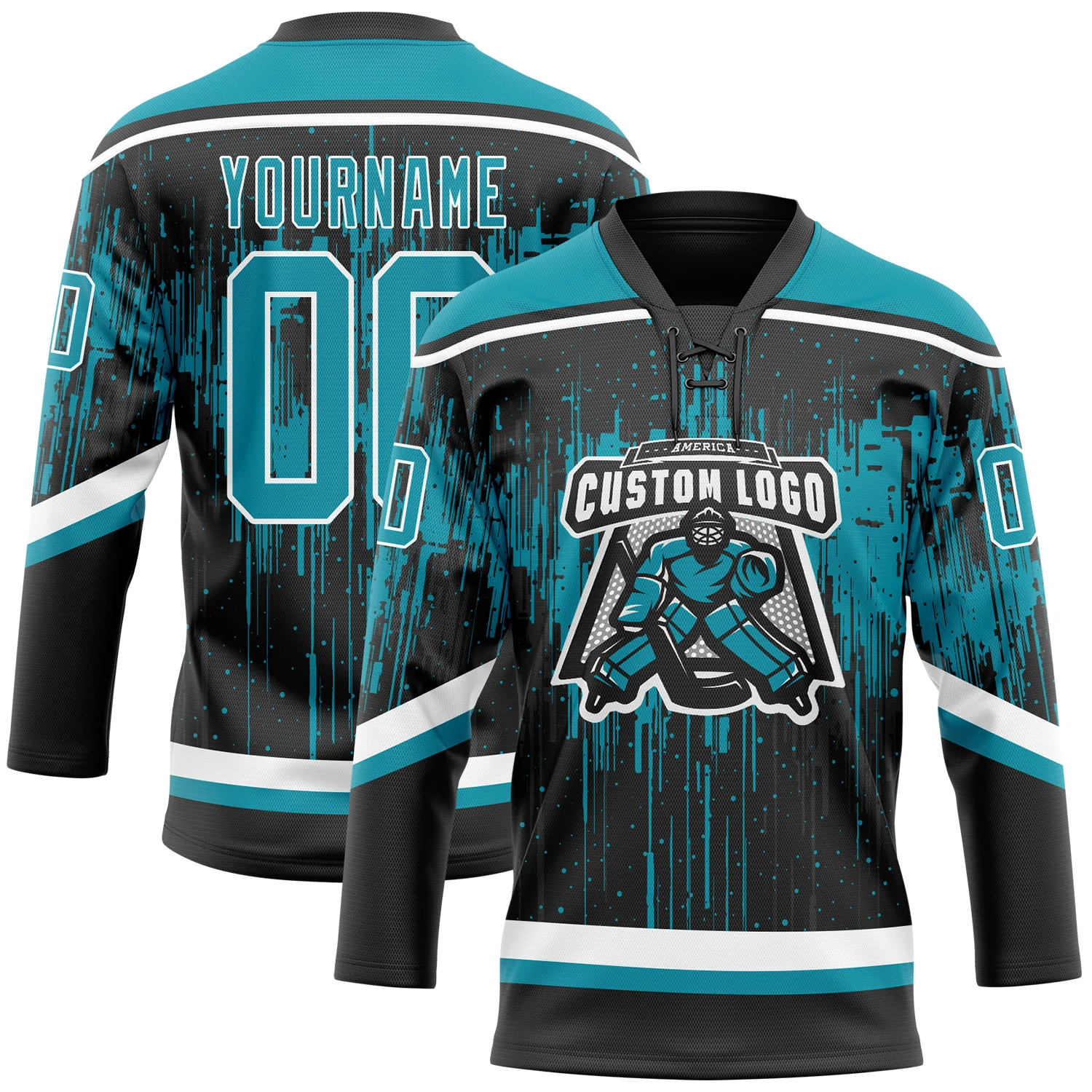 Custom Black Teal Steel Gray-White Dripping Splatter Pattern Hockey Lace Neck Jersey - Image 2